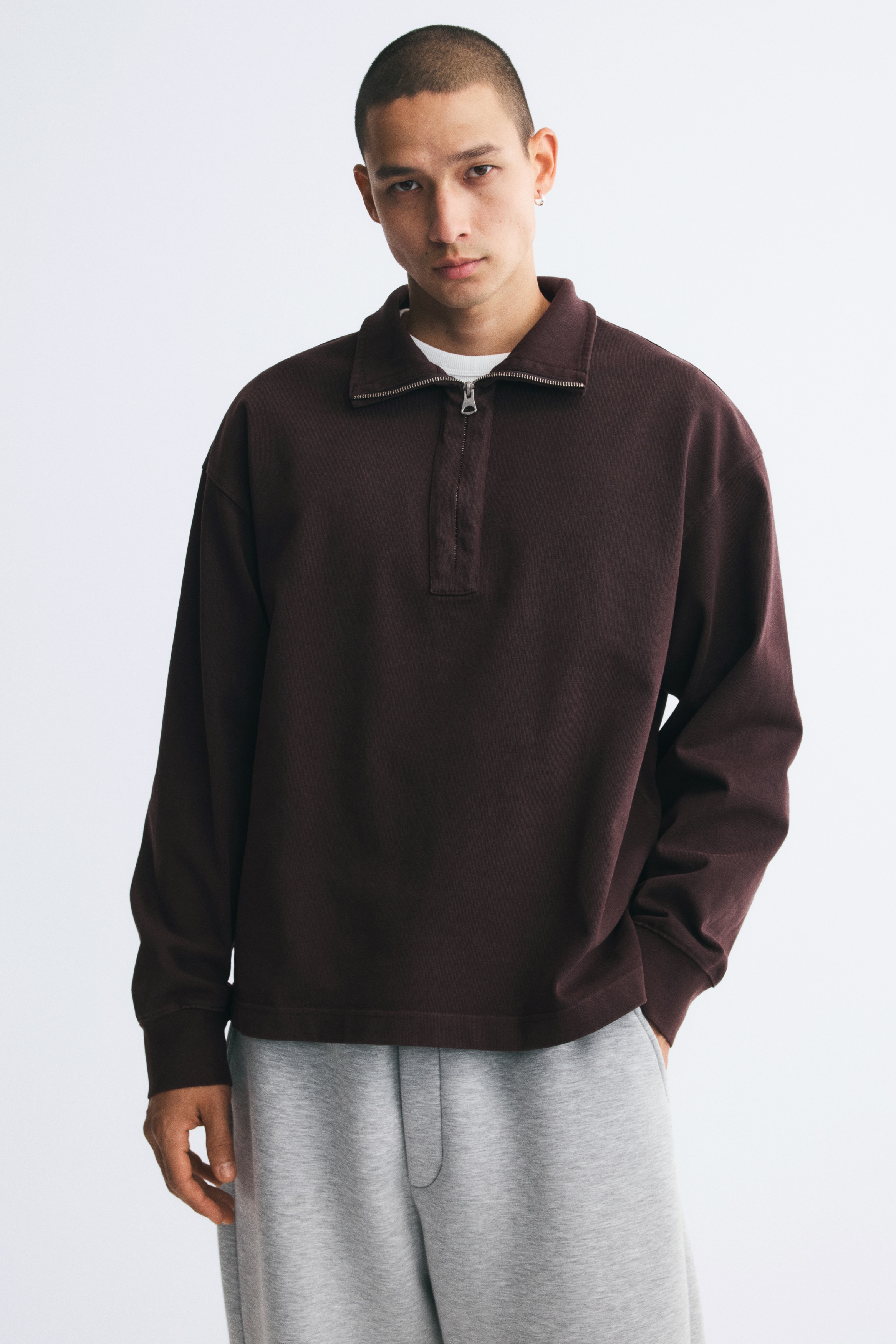 Relaxed-Fit Half-Zip Sweatshirt - Dark brown/Light gray melange