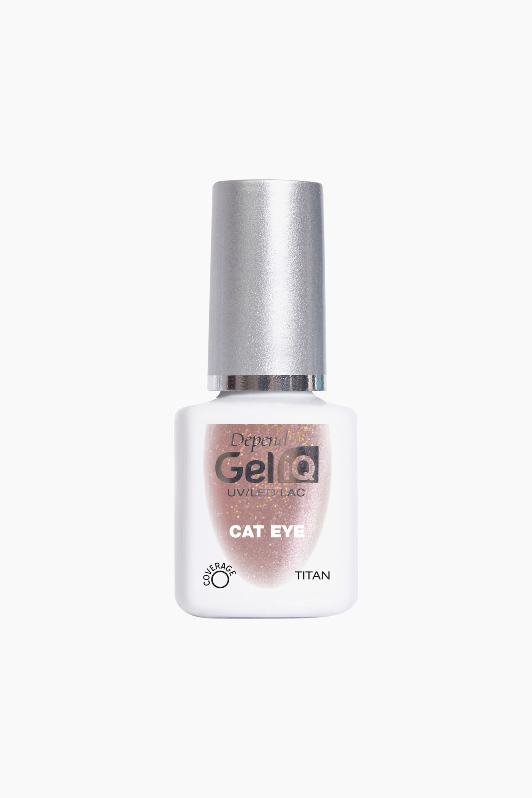Visa större bild: En genomskinlig nagellacksflaska i glas står upprätt och visar upp ett skimrande roséguldfärgat "Cat Eye"-lack. Den har ett metalliskt silverfärgat lock och är märkt "Depend GelQ UV/LED Lac" med kulörnamnet "Titan".