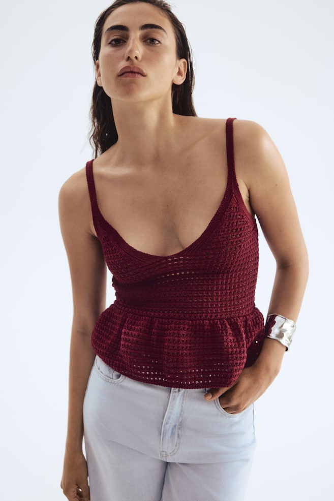 Crochet-look strappy top-Burgundy - 3