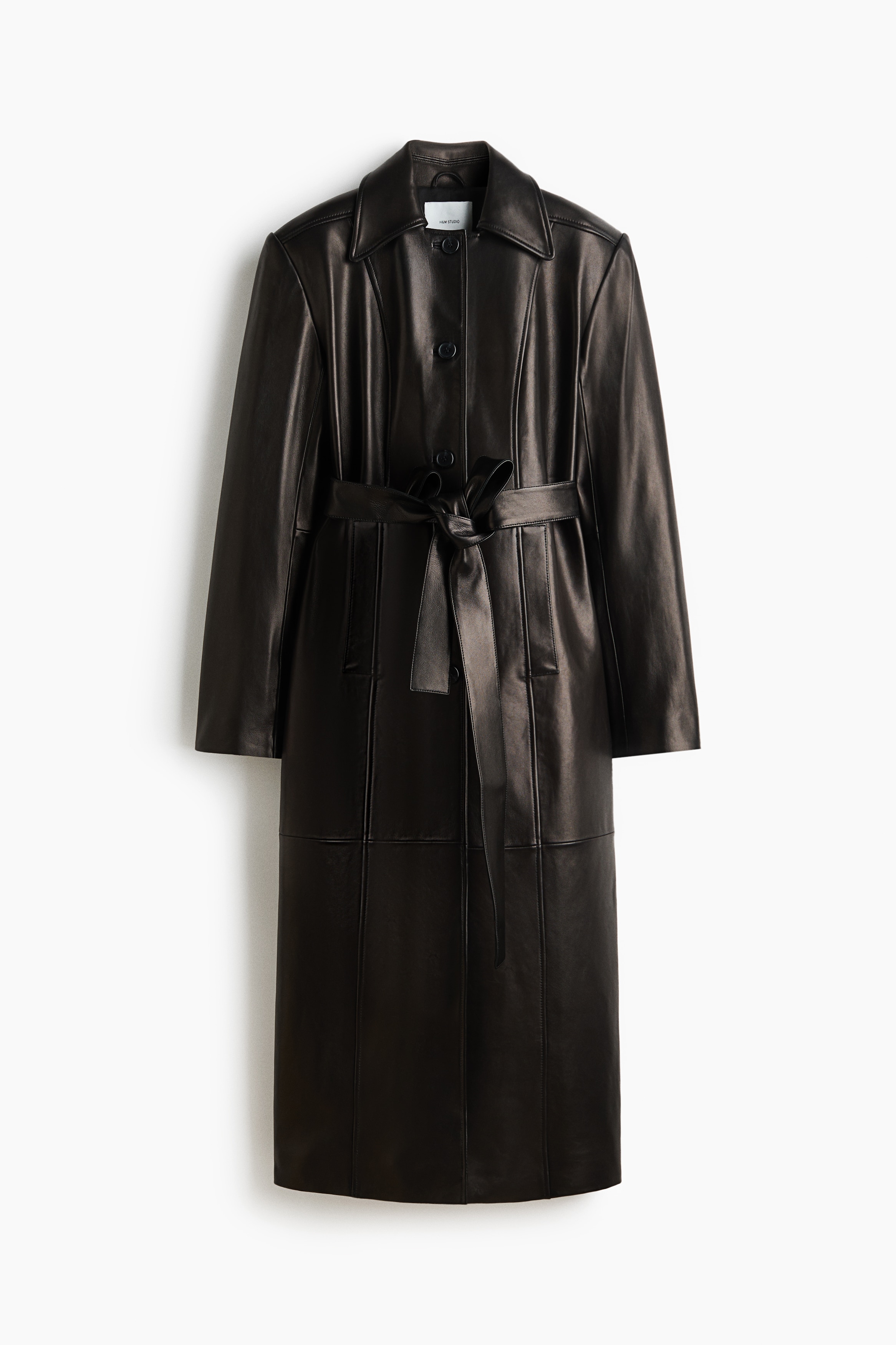 Frakke i læder med bindebælte - Sort