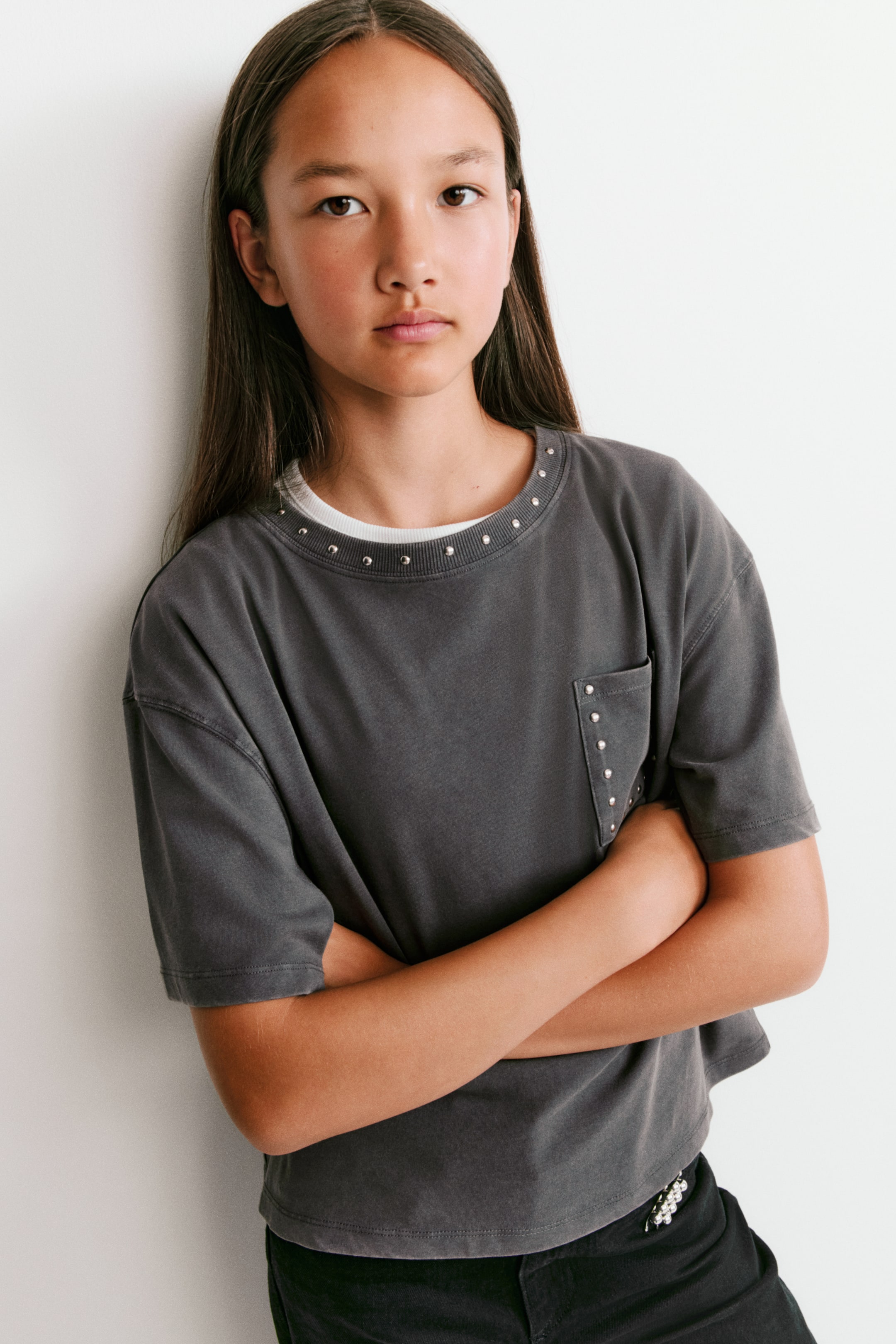 查看大圖: 鉚釘棉質T恤 - 水洗灰色 - Kids | H&M 1