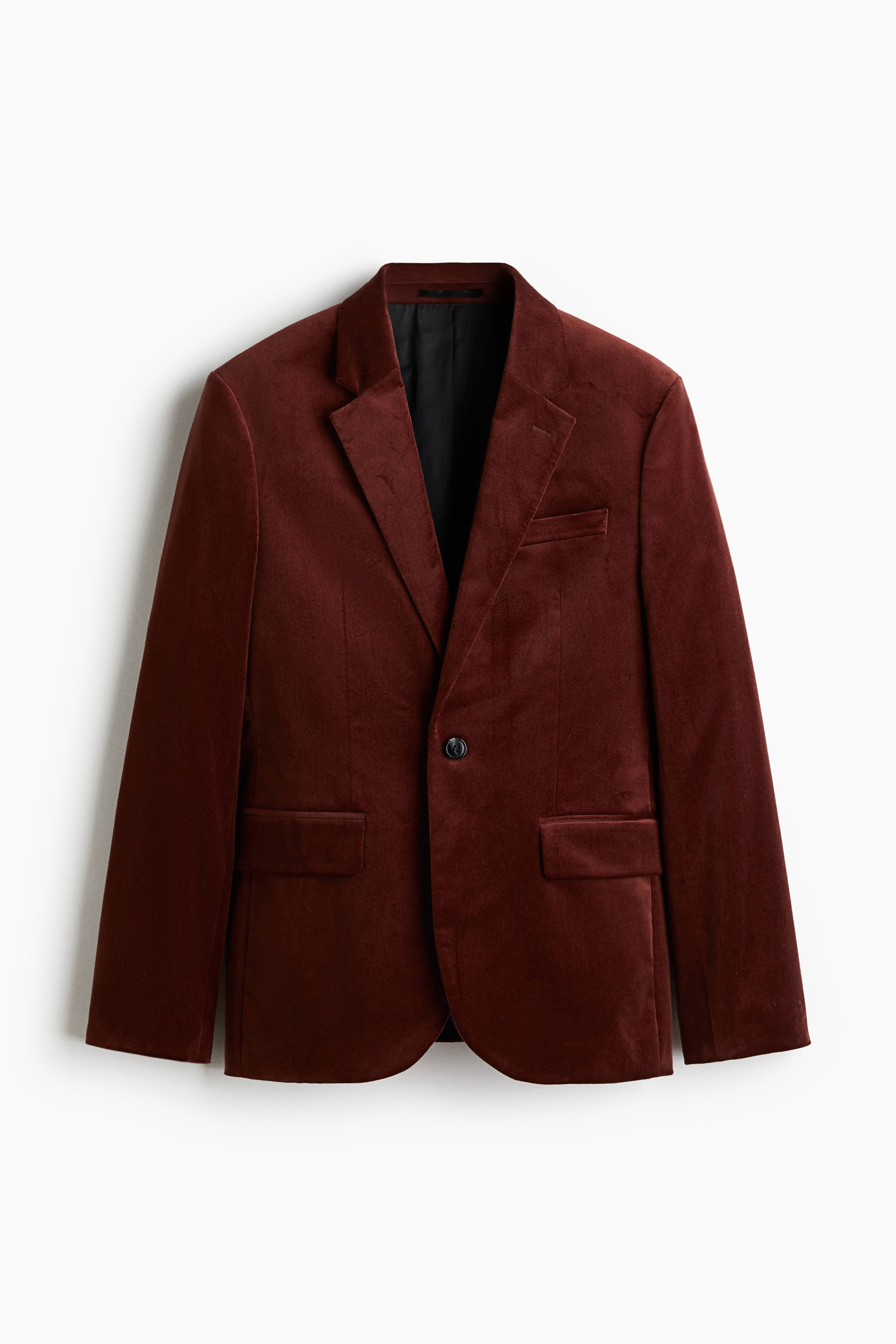 Regular Fit Single Breasted Velvet Jacket - Dark rust red/Black