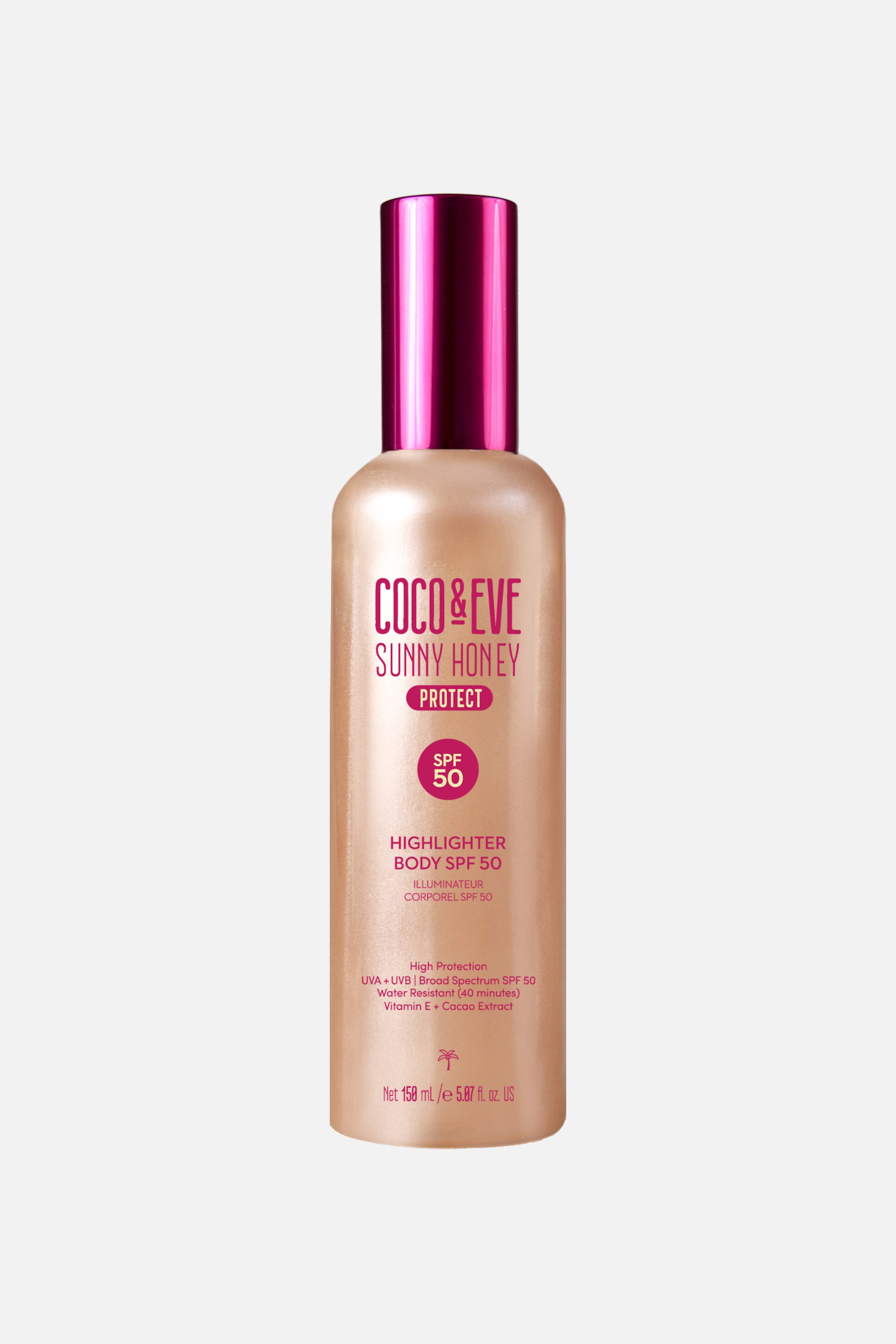 Visa större bild: En Coco & Eve Sunny Honey Protect SPF 50 Highlighter Body SPF 50-flaska står upprätt, vänd framåt. Den har en skimrande gyllene-beige kropp och ett glansigt fuchsia-lock. Etiketttexten visas i mörkrosa och vitt.