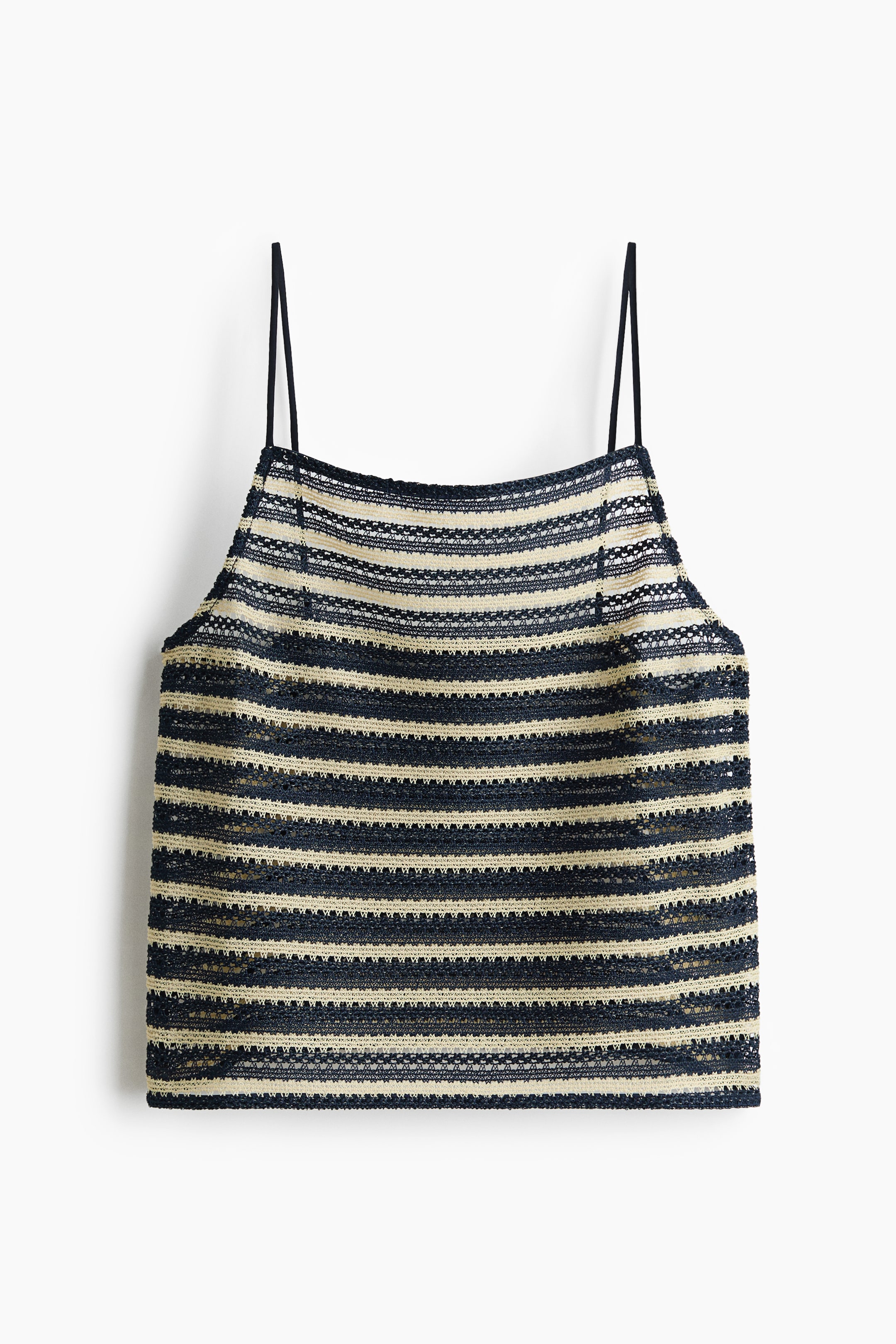 View larger image: The camisole top is displayed front-facing, showcasing horizontal dark blue and beige stripes with a sheer, open-knit texture, and featuring a straight neckline with thin spaghetti straps.