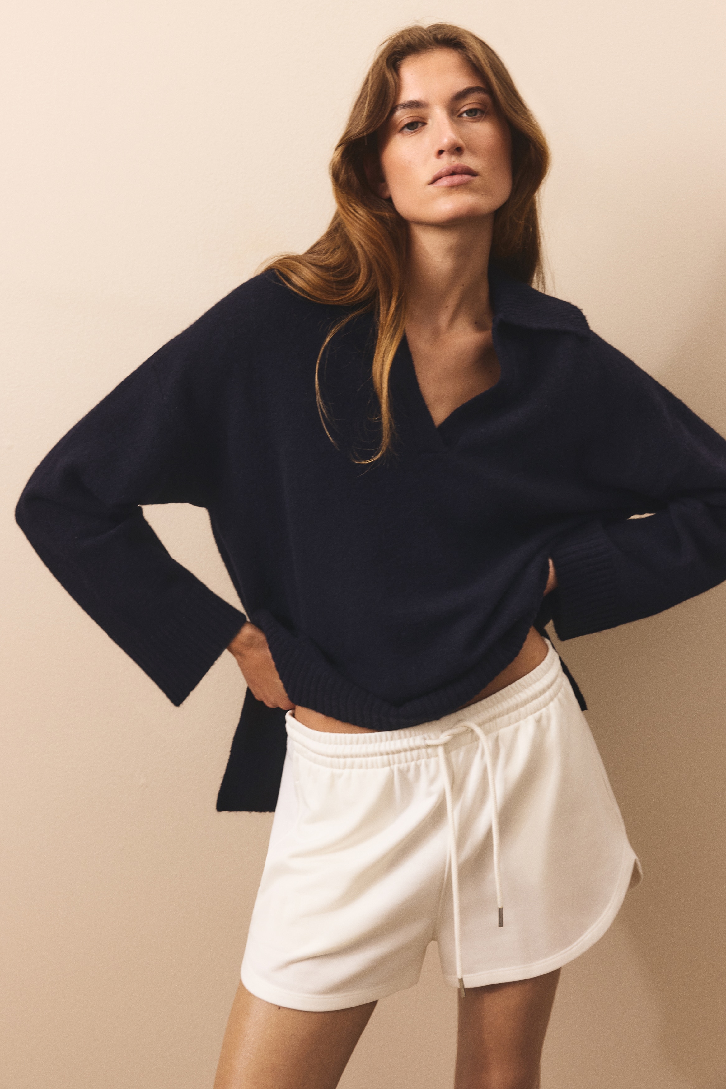 Fine-knit collared jumper - Navy blue/Mole marl/Dark brown