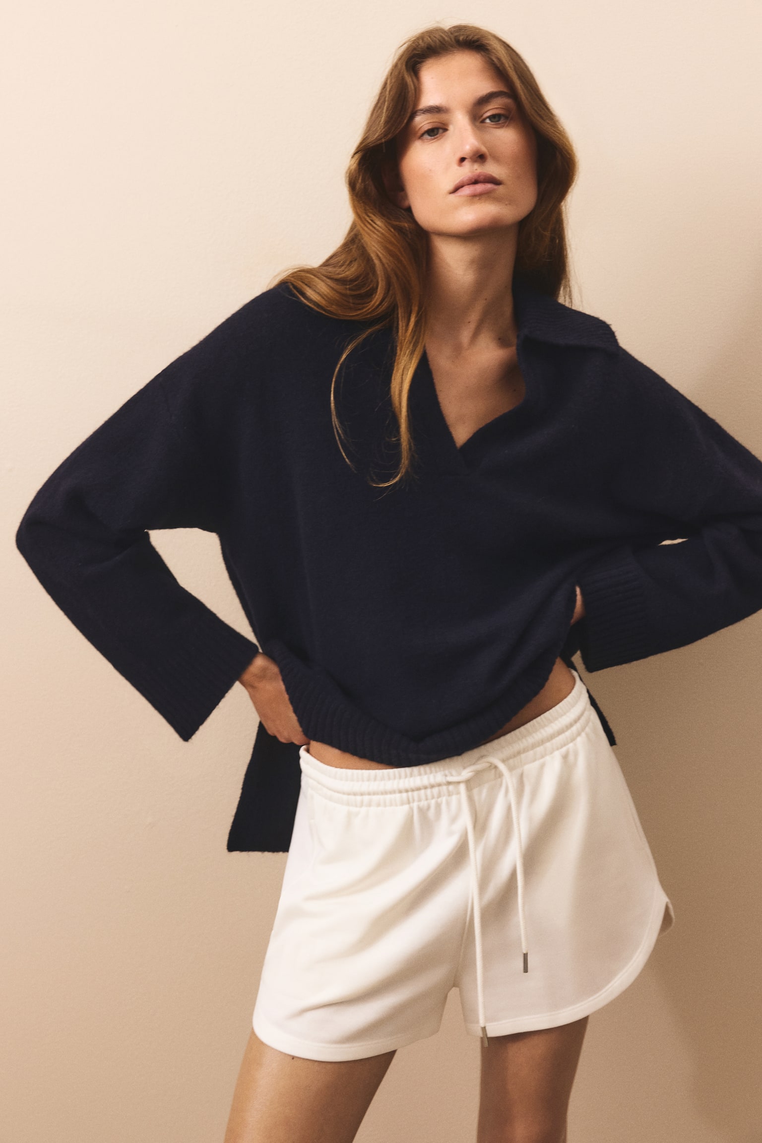 Fine-knit collared jumper - Navy blue/Dark brown/Dark grey marl - 1