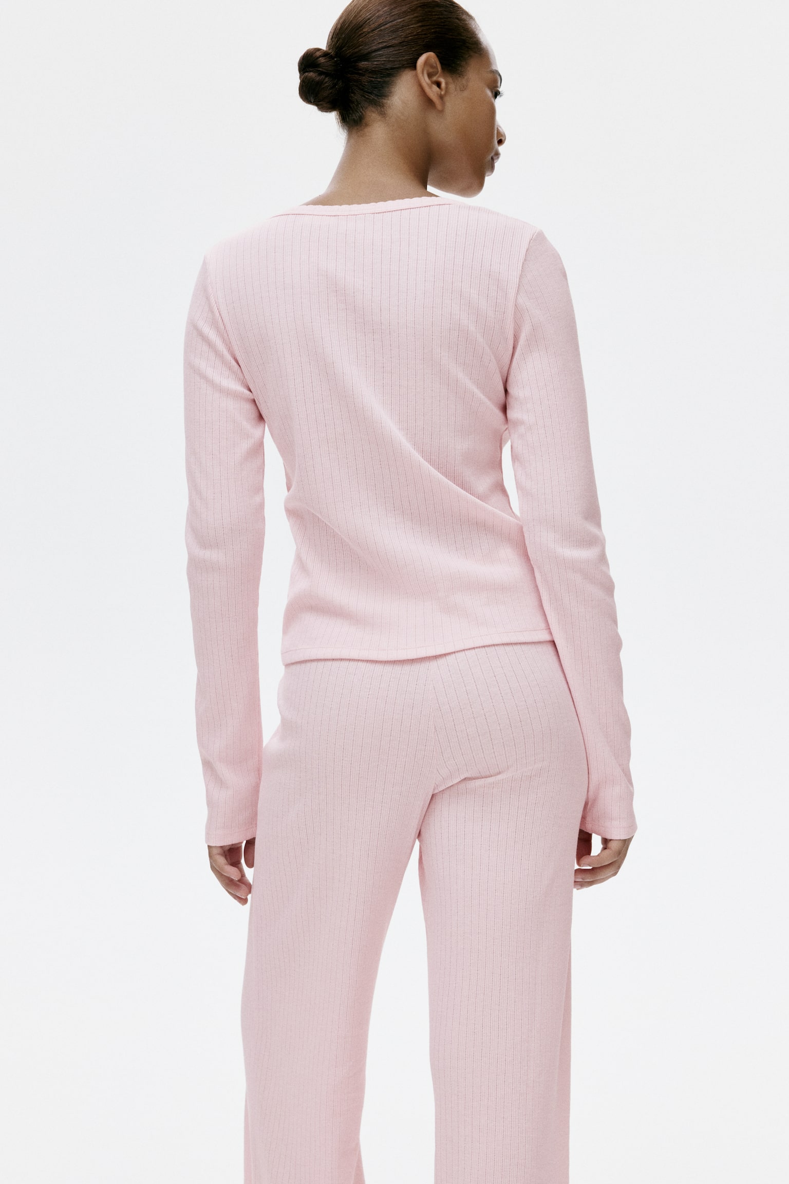 Gerippter Jerseypyjama - Hellrosa/Dunkelbraun - 3