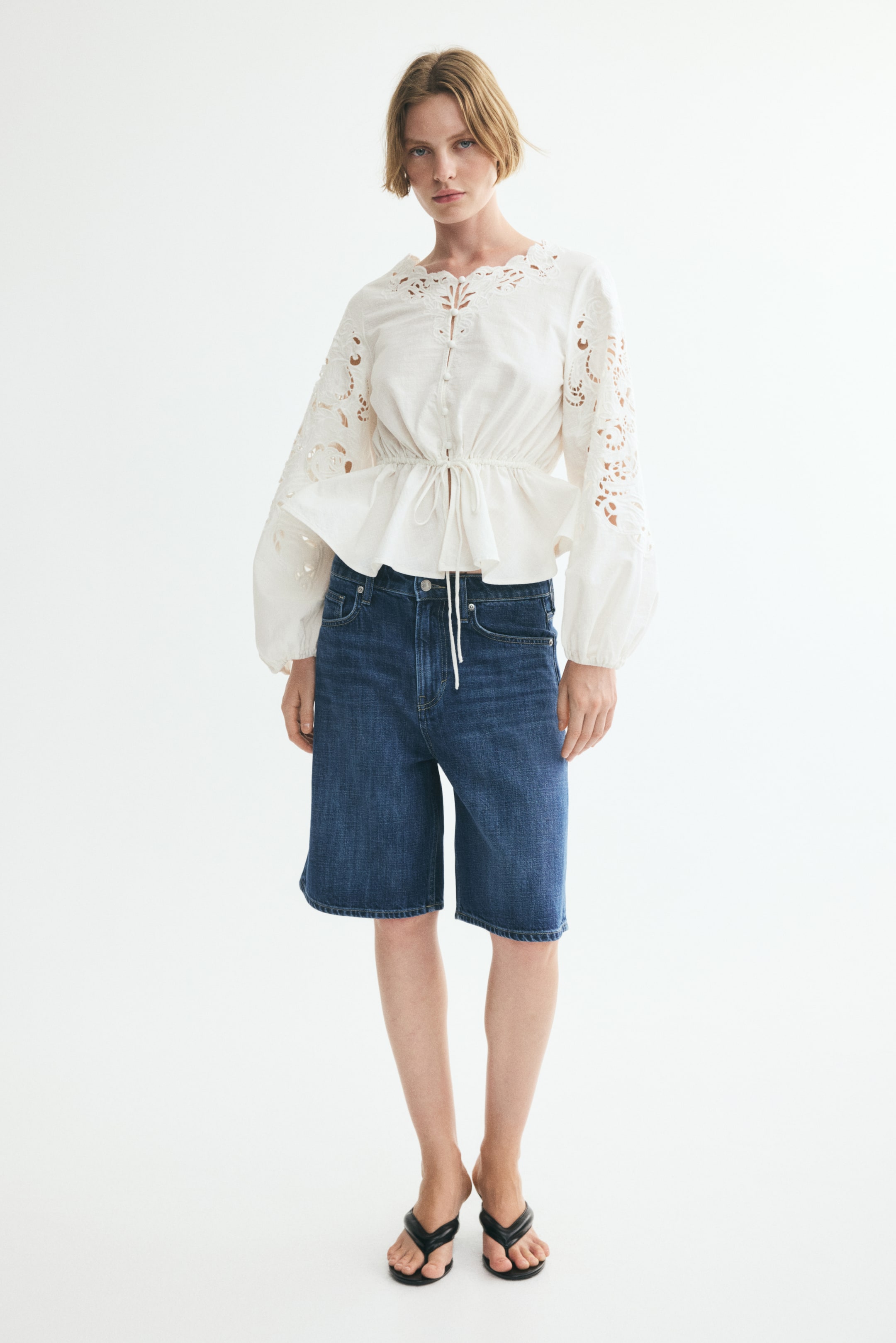 Peplum Blouse with Eyelet Embroidery