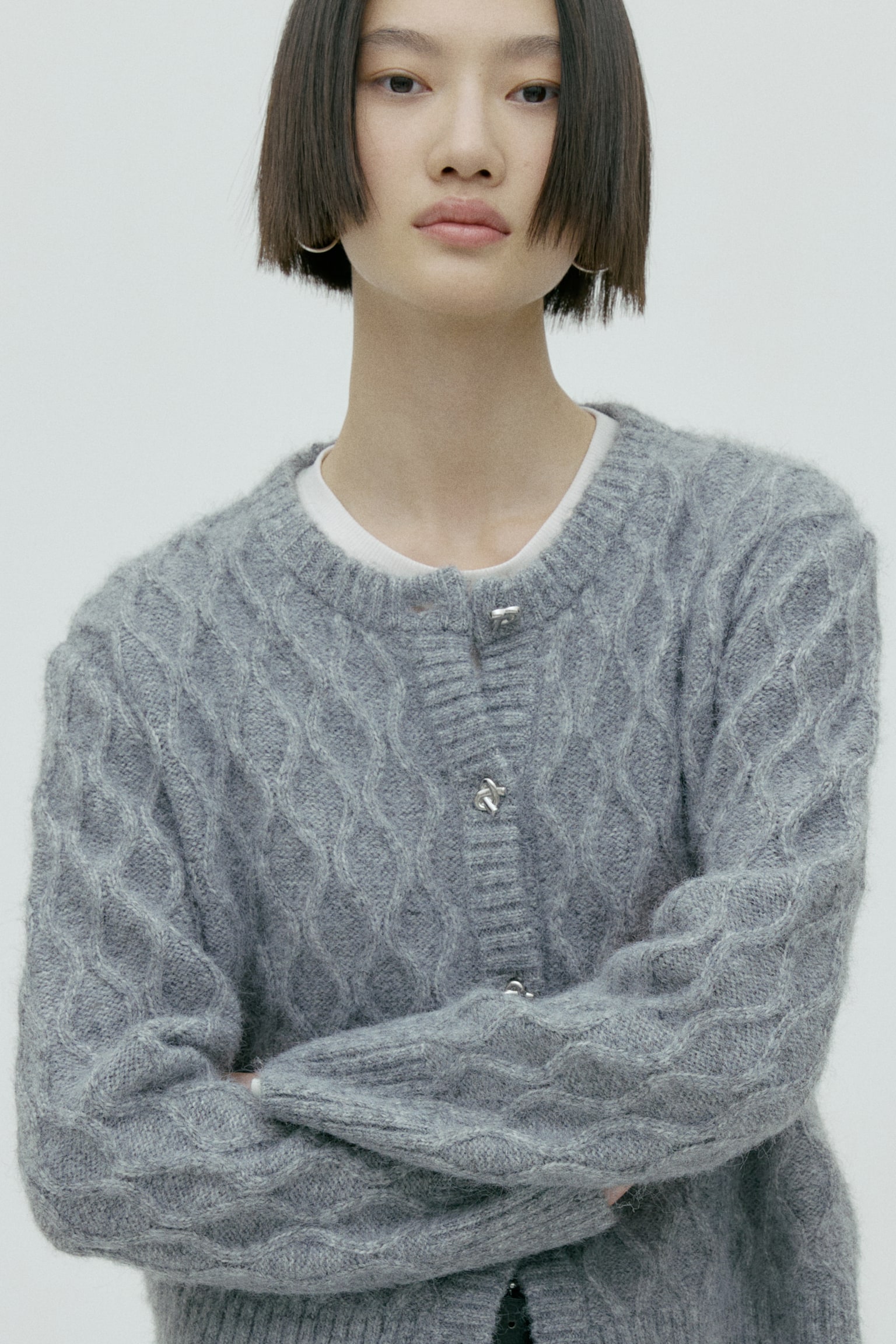 ケーブルニットカーディガン - グレーメランジ/ベージュ/ホワイト - 4