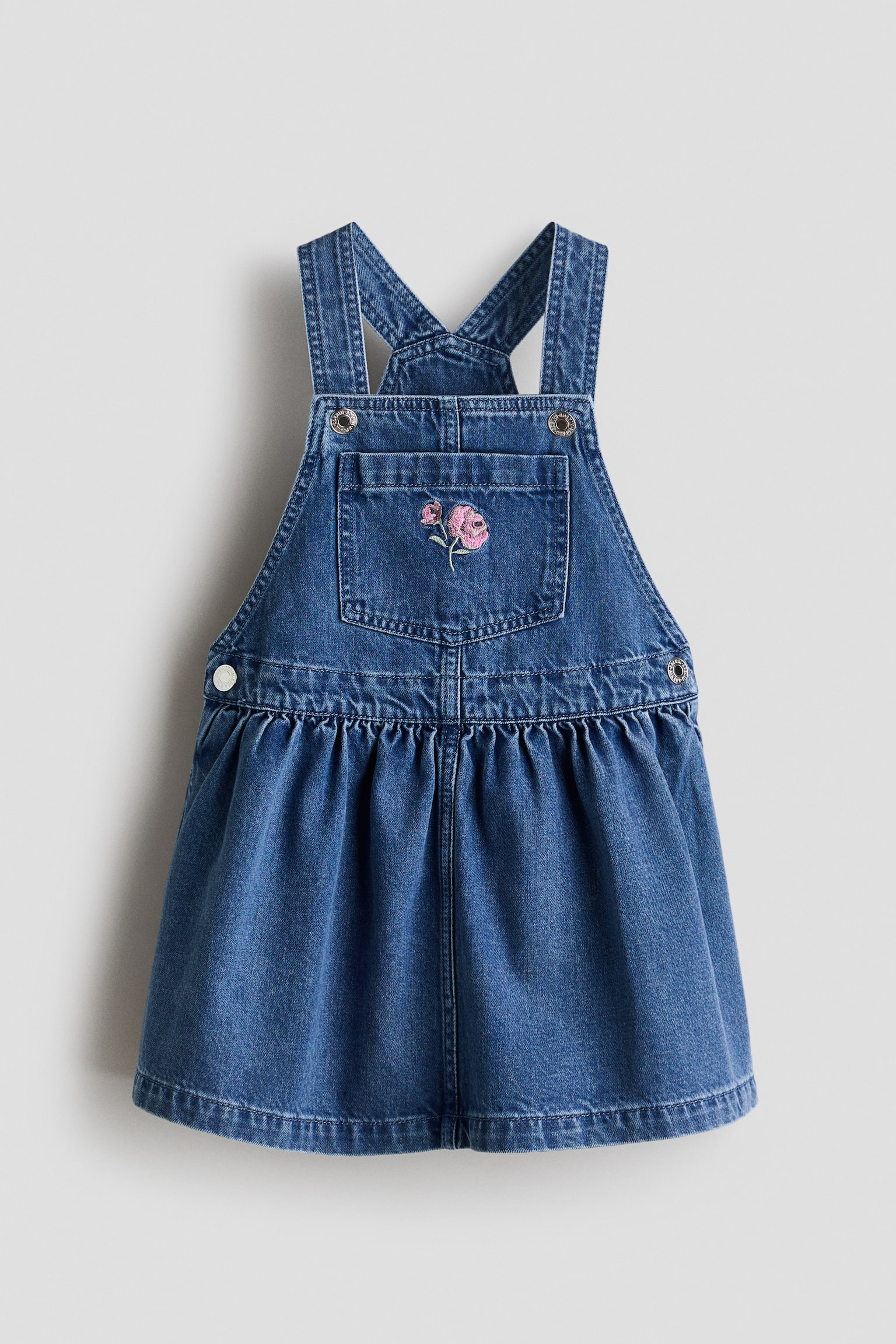 Embroidered Detail Denim Dungaree Dress - Denim blue/Roses