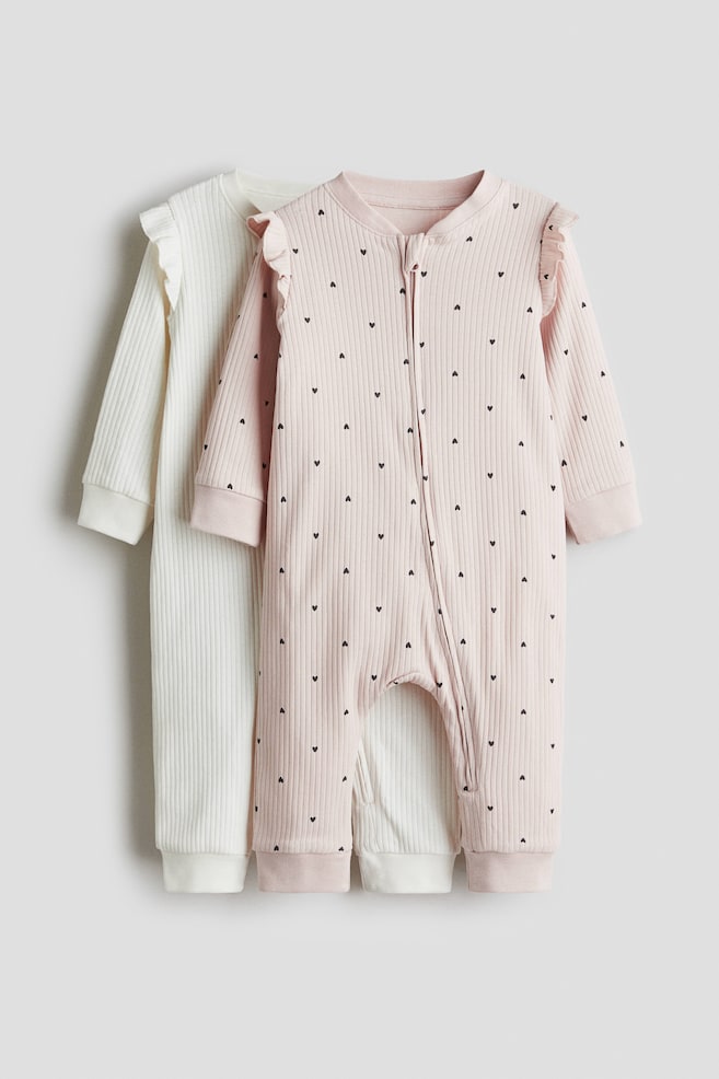 2-pack cotton sleepsuits - White/Light pink/Light pink/Spotted/Pink/Floral/Light dusty green/Floral/Light beige/White striped/Pink/Leopard print/Navy blue/Space/White/Spotted/Light green/Animals/Beige/Patterned/Light pink/Strawberries - 1