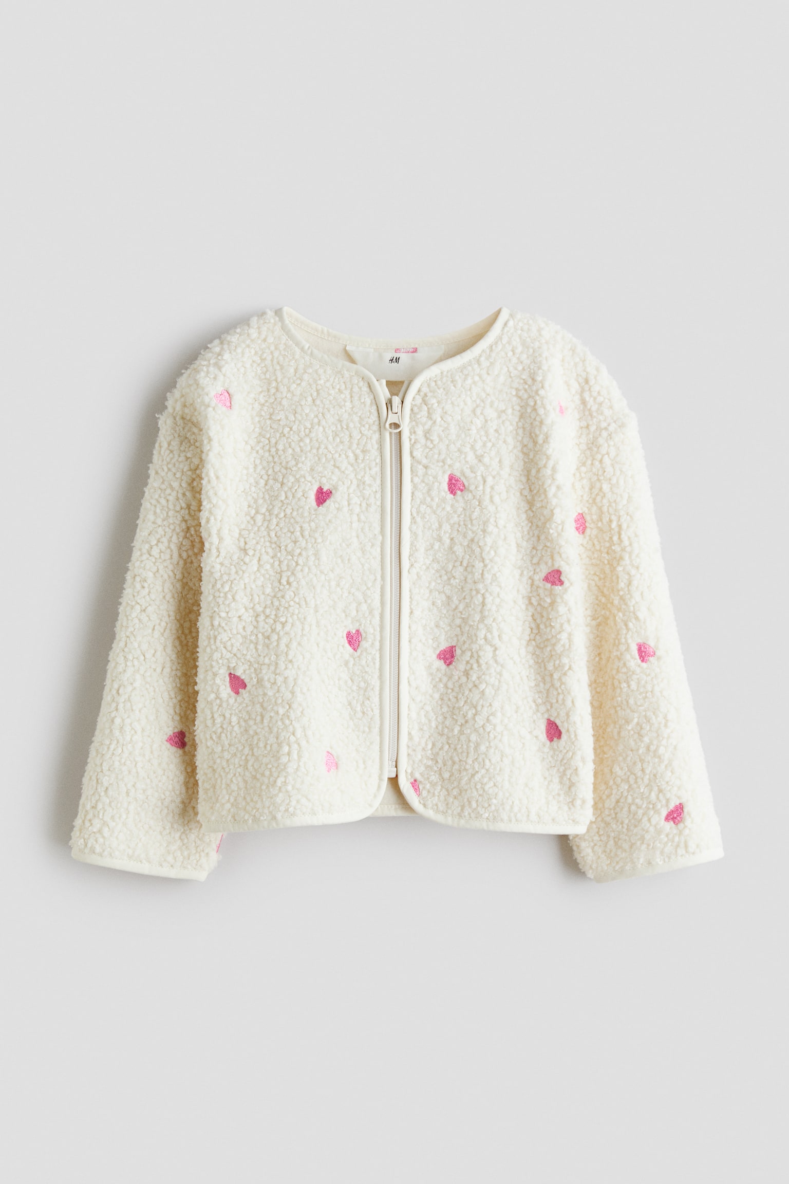 Embroidery-detail teddy jacket - Cream/Hearts