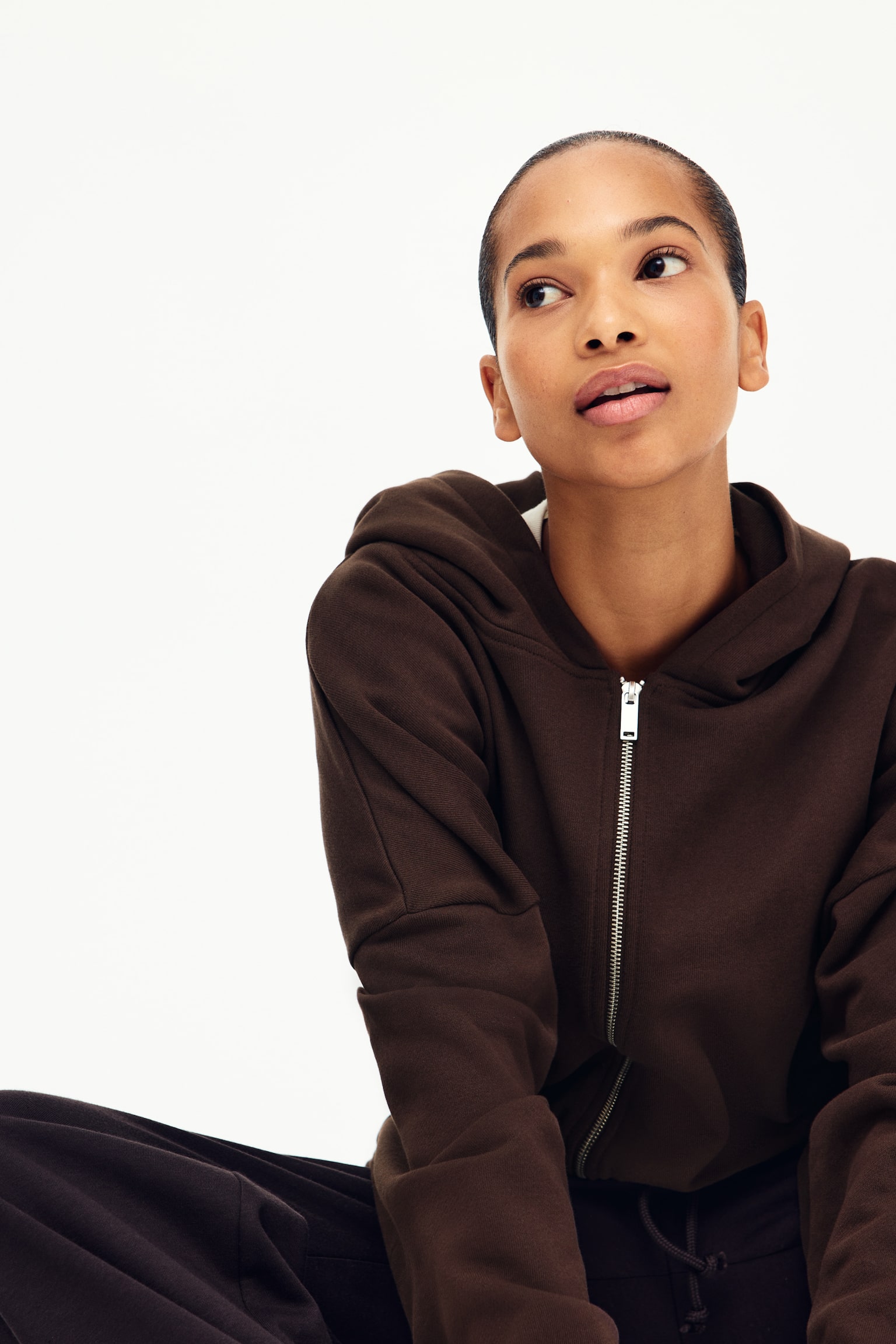 Drawstring zip-through hoodie - Brown/Light pink - 1