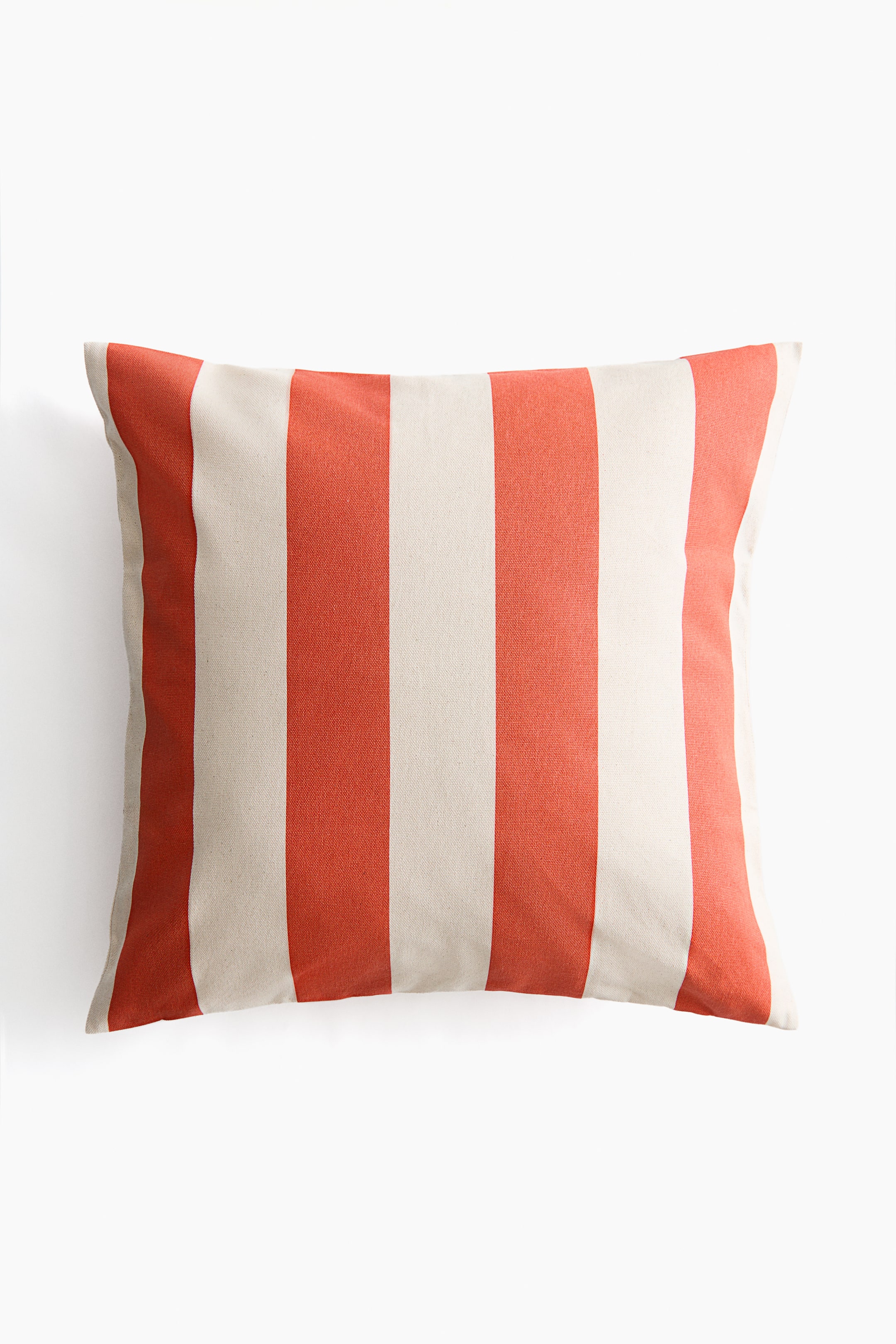 View larger image: The pillow is positioned facing forward, showcasing a textured fabric with alternating vertical stripes in red-orange and cream.