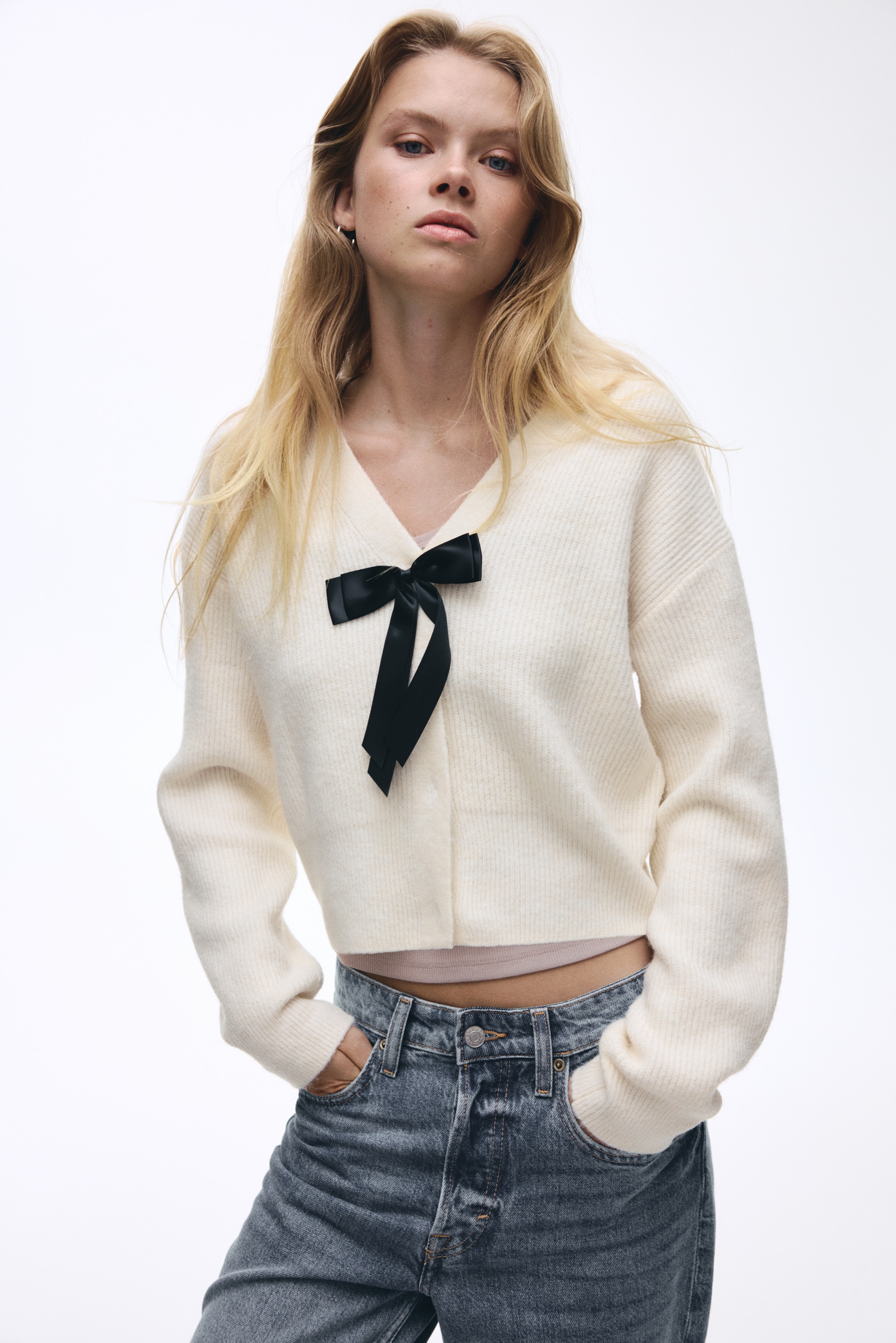 H & M - リブニットカーディガン - ベージュ