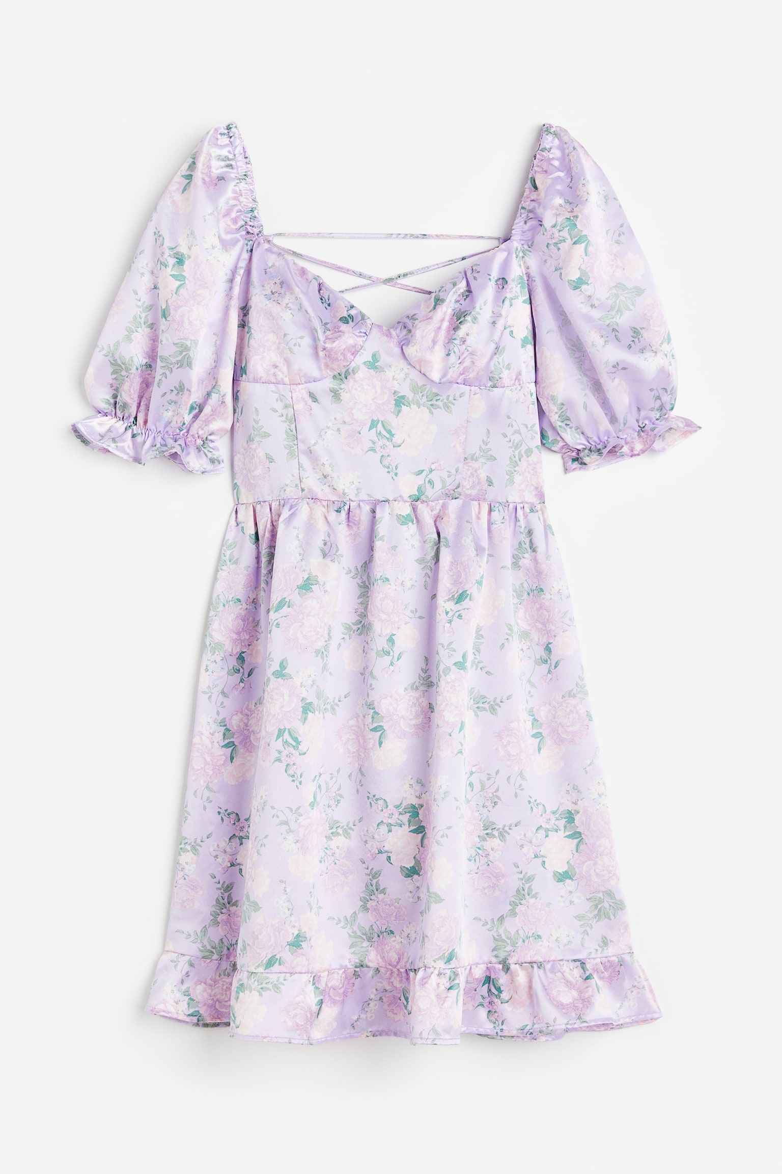 Open Back Satin Dress - Lavender/Floral - 1