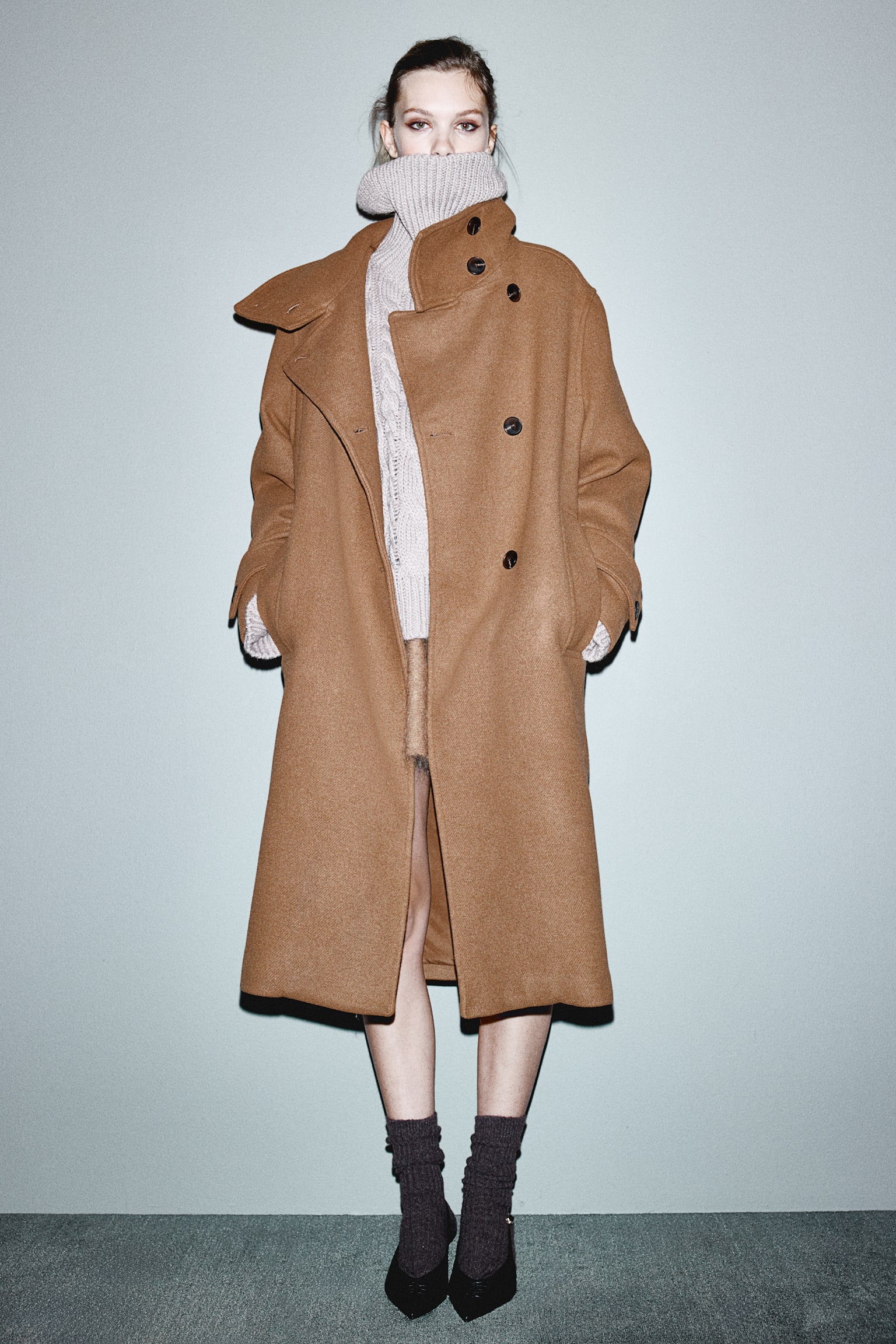 High-collar coat - Brown - 4