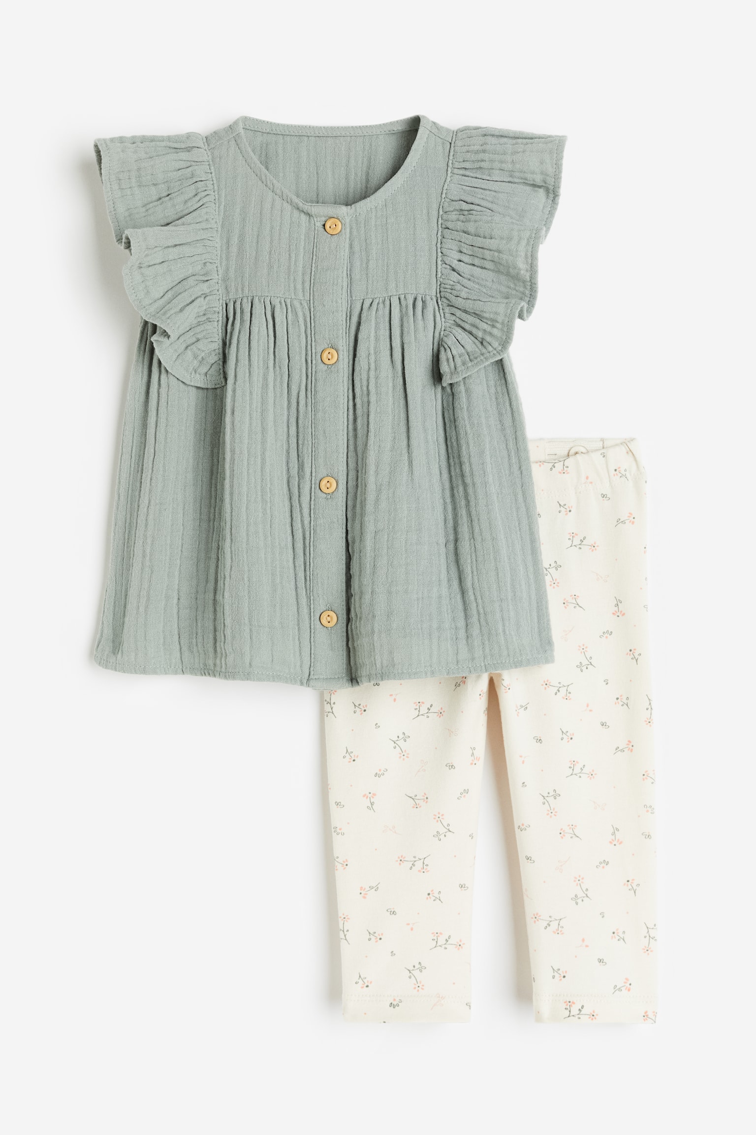 2-piece blouse and leggings set - Dusty green/White
