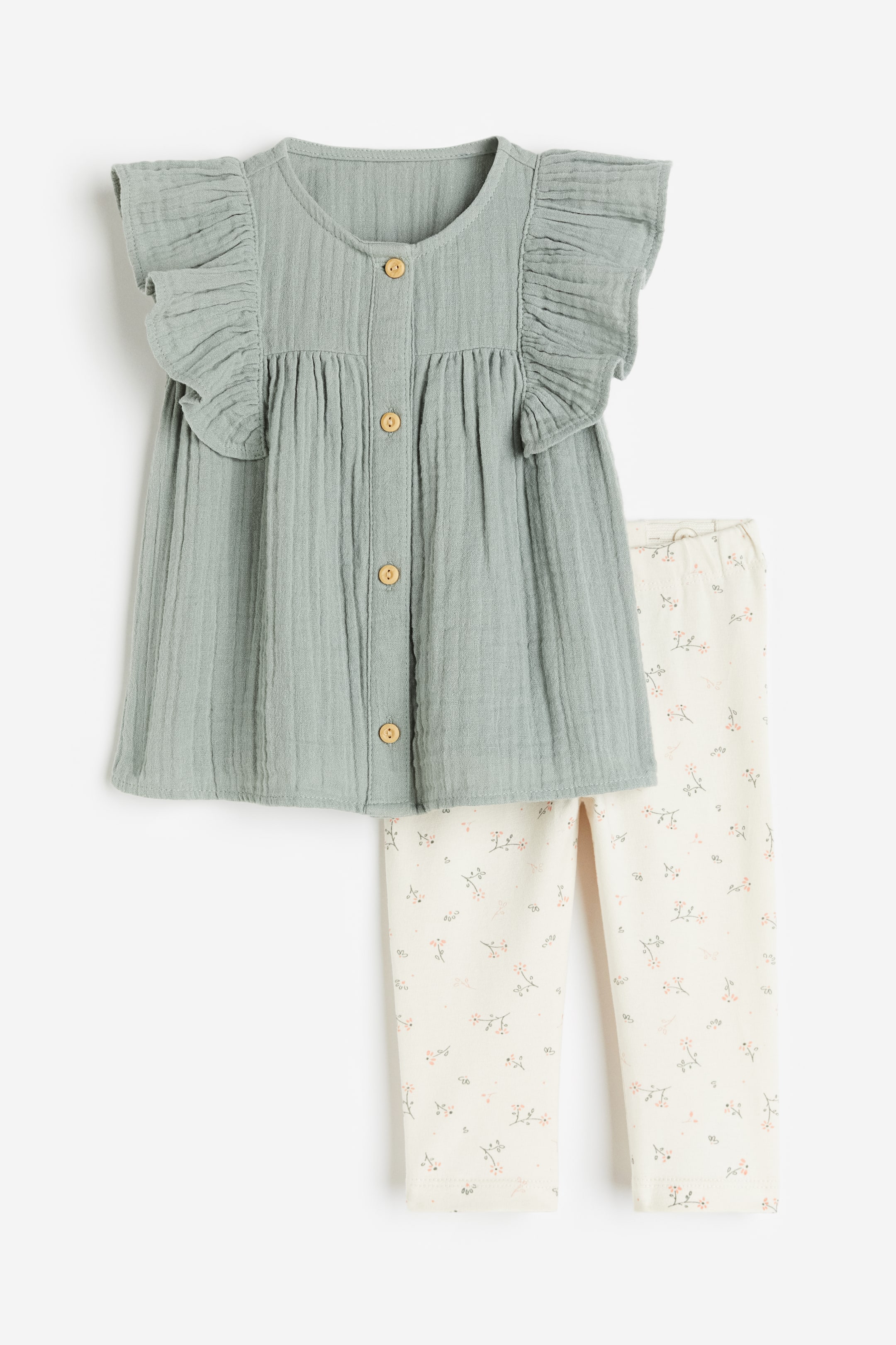 View larger image: 2-piece blouse and leggings set - Dusty green/White - Kids | H&M IN 1