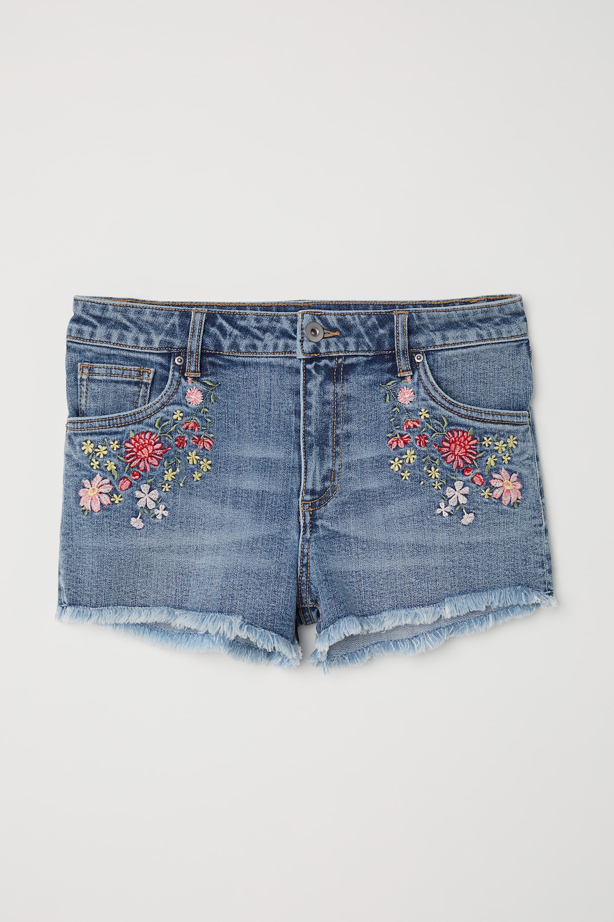 刺繍デニムショートパンツ - デニムブルー／フラワー - レディース 