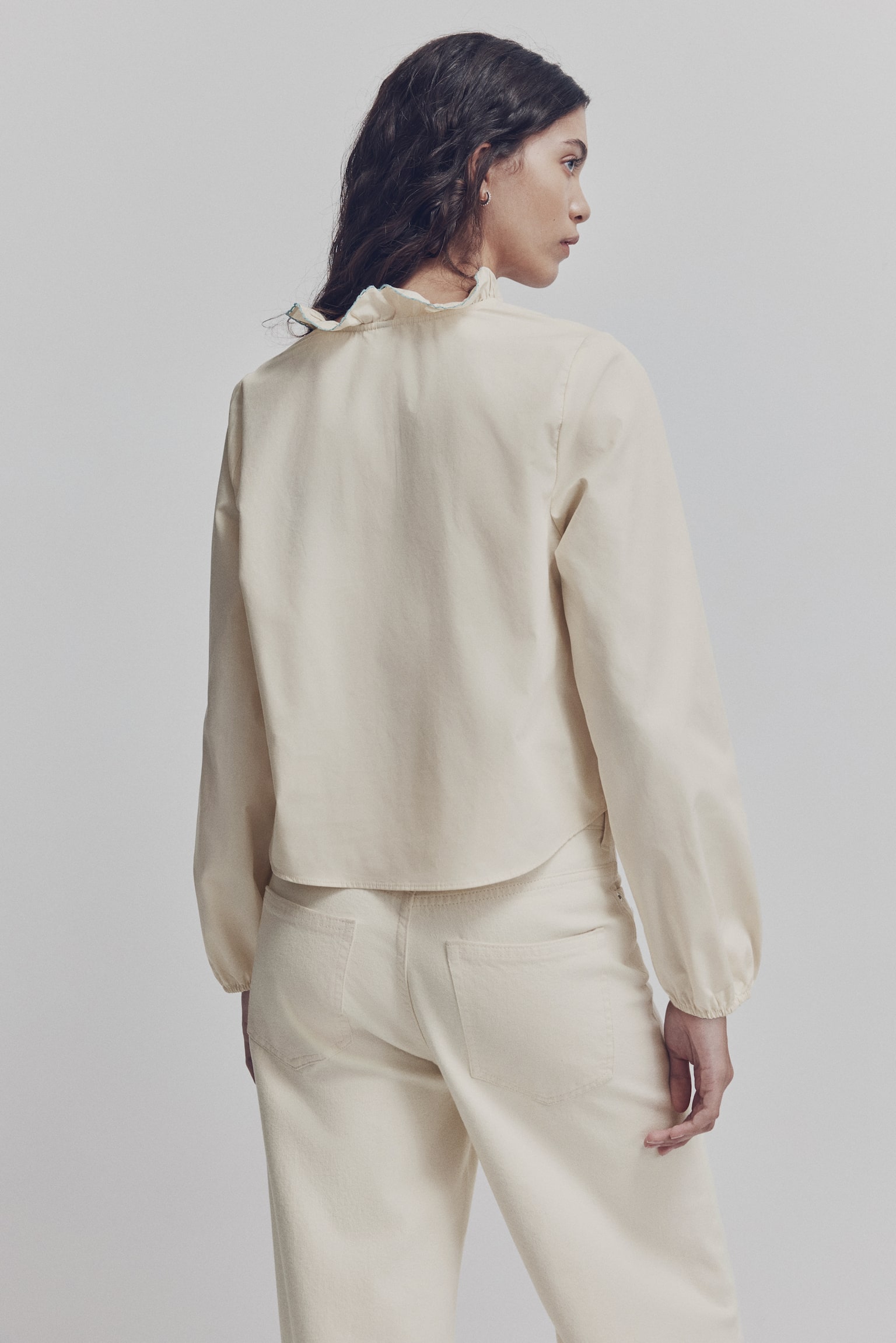 Frill-trimmed cotton poplin blouse - Cream/Light blue - 6