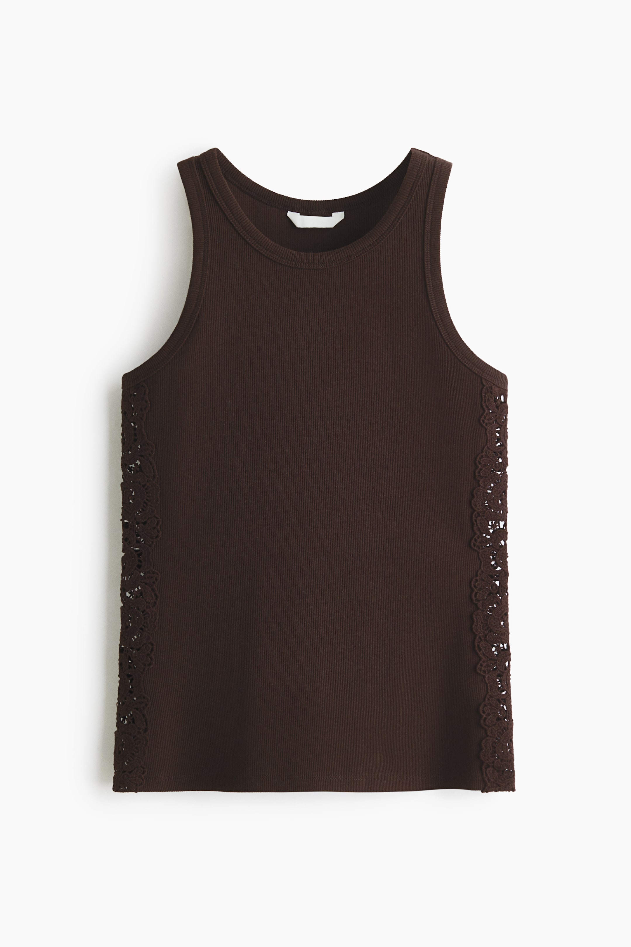 View larger image: A dark brown ribbed vest is displayed front-facing, featuring a scoop neckline and sleeveless design. Intricate dark brown crochet panels detail both side seams.