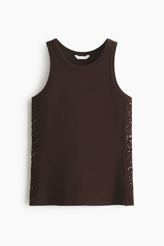 Ribbed Lace-Inset Tank Top - Dark brown/White/Black - 1