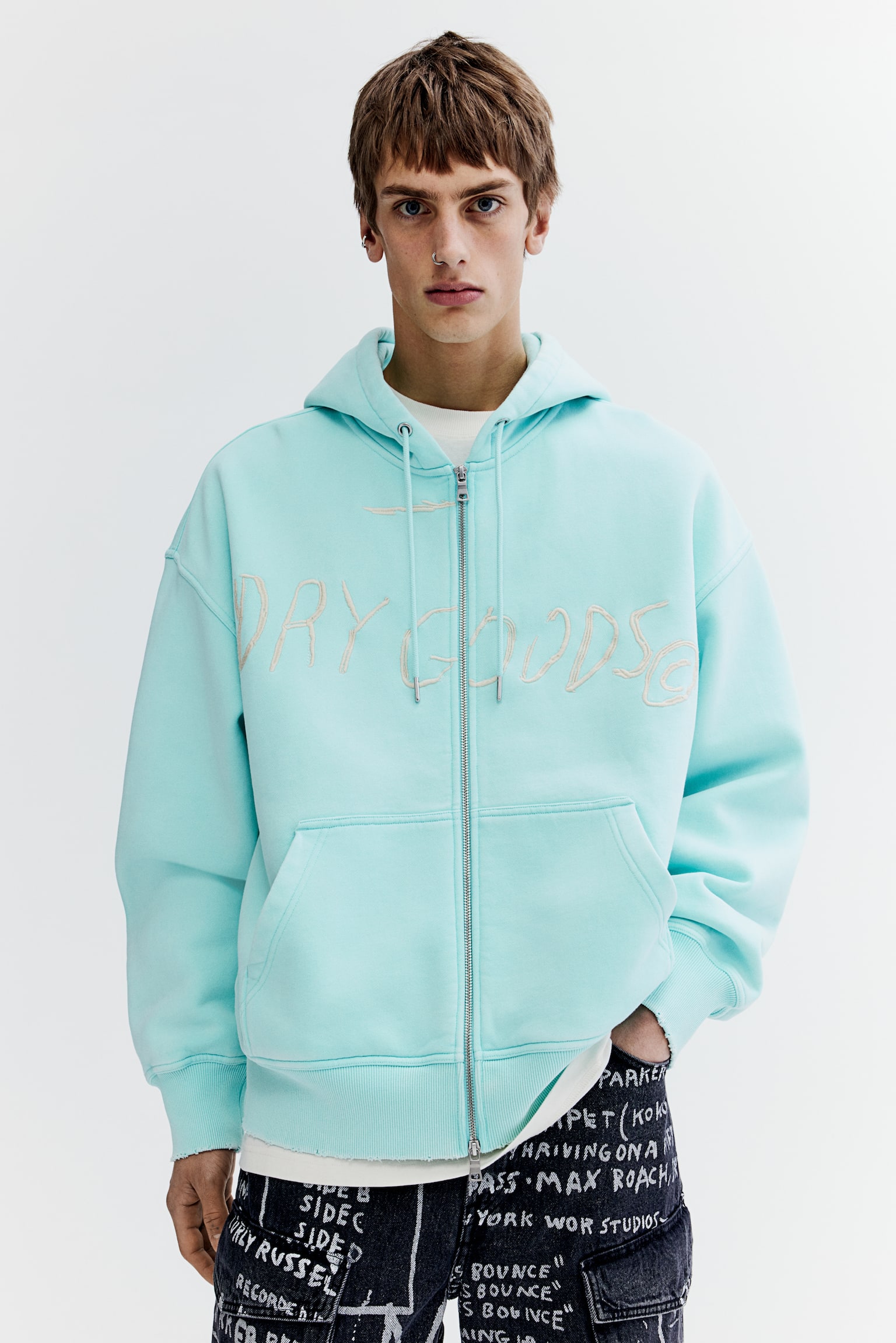 Oversized Fit Cotton zip-through hoodie - Turquoise/Basquiat - 5