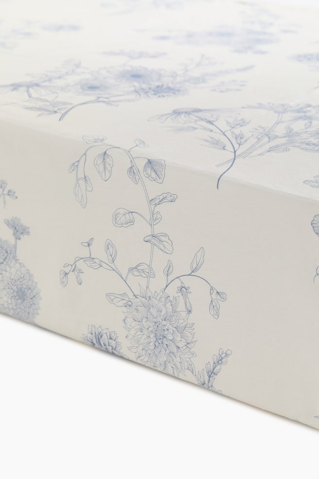 Patterned satin fitted sheet - White/Blue floral/Beige/Floral - 1