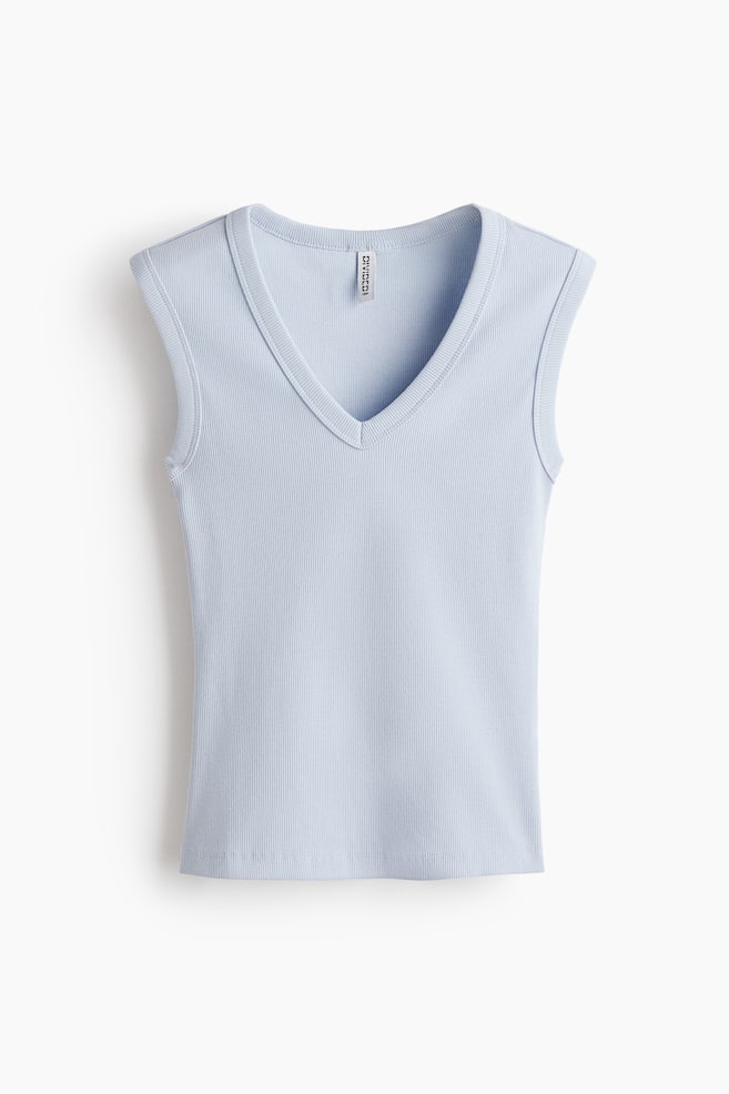 Ribbed V-Neck Tank Top - Light blue/Cream/Dark brown - 1