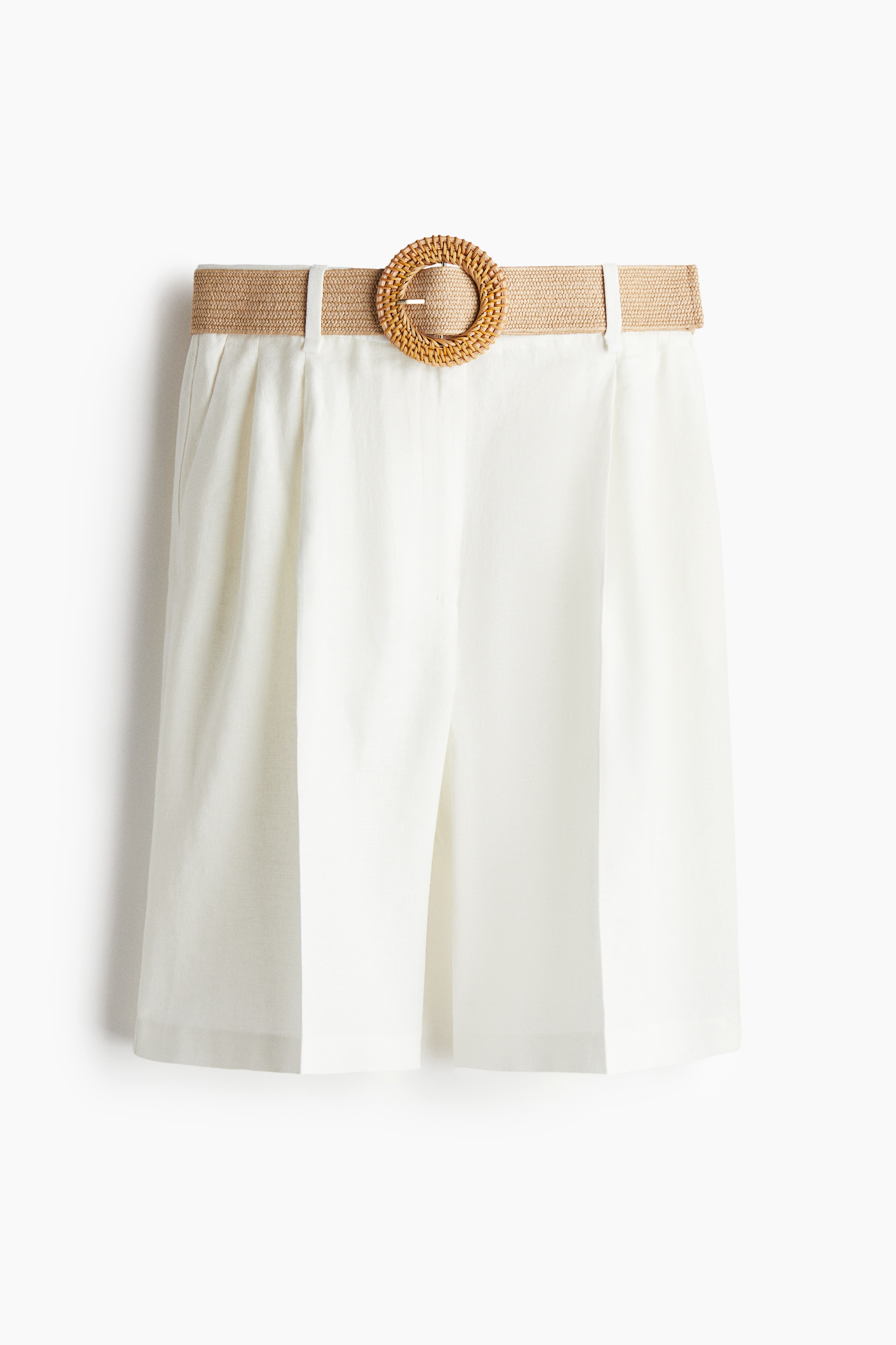 Short en lin mélangé avec ceinture - Blanc