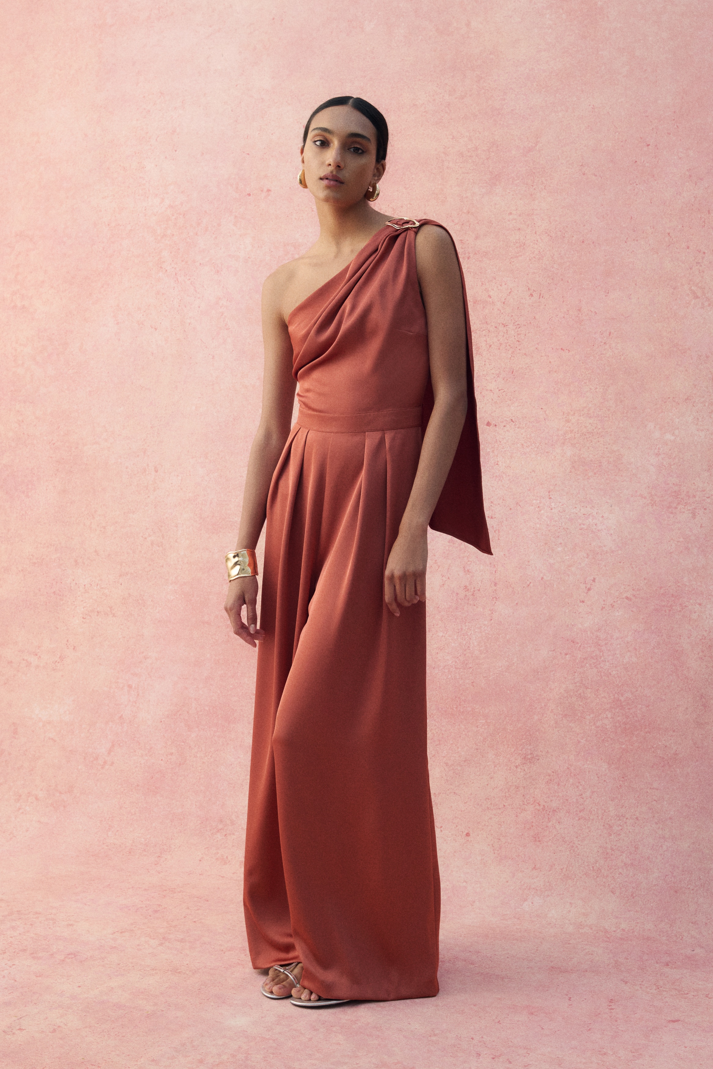 One-shoulder satin jumpsuit - Dark orange/Cream