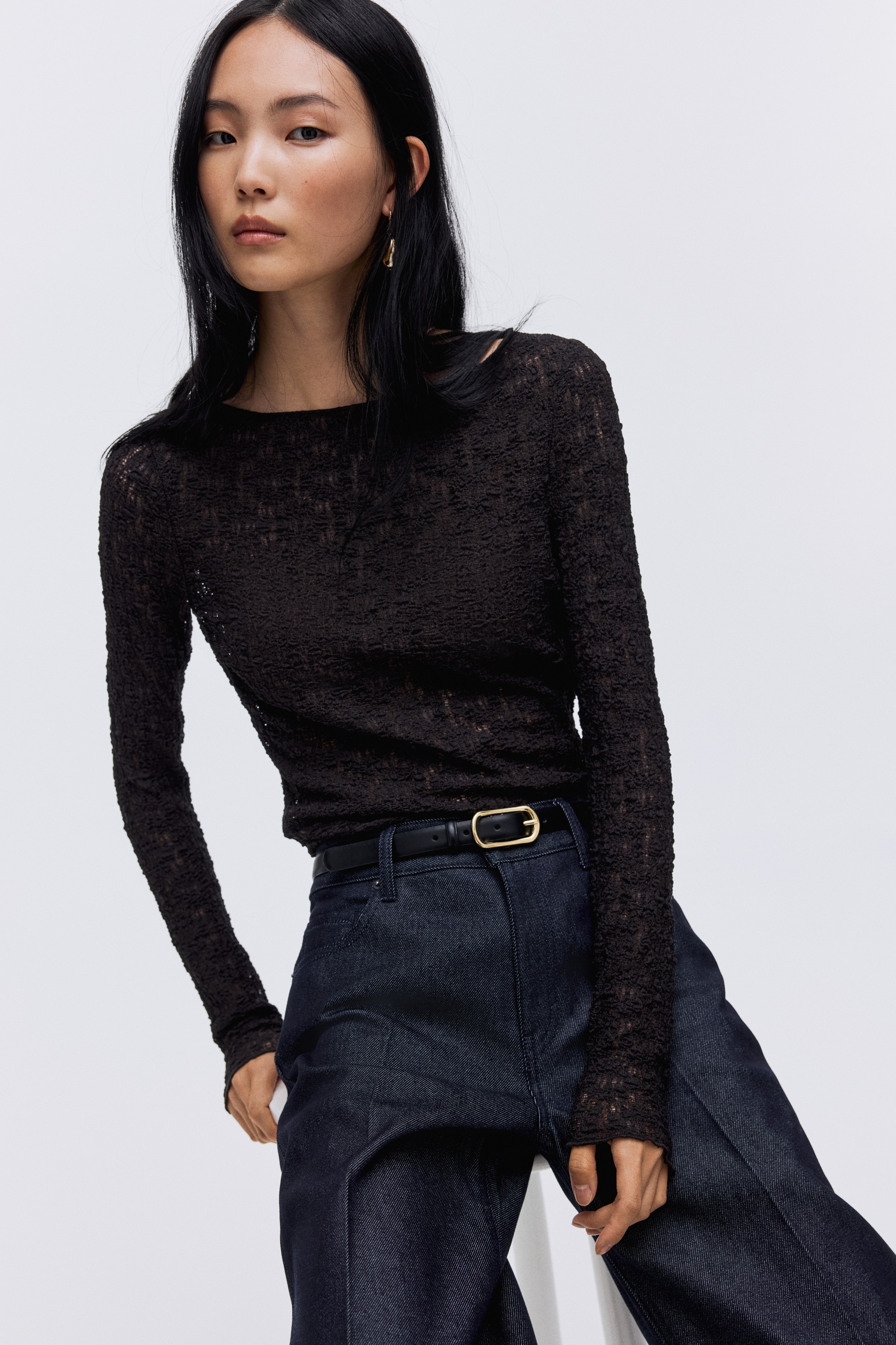 Lace-look jersey top - Dark brown/Light beige