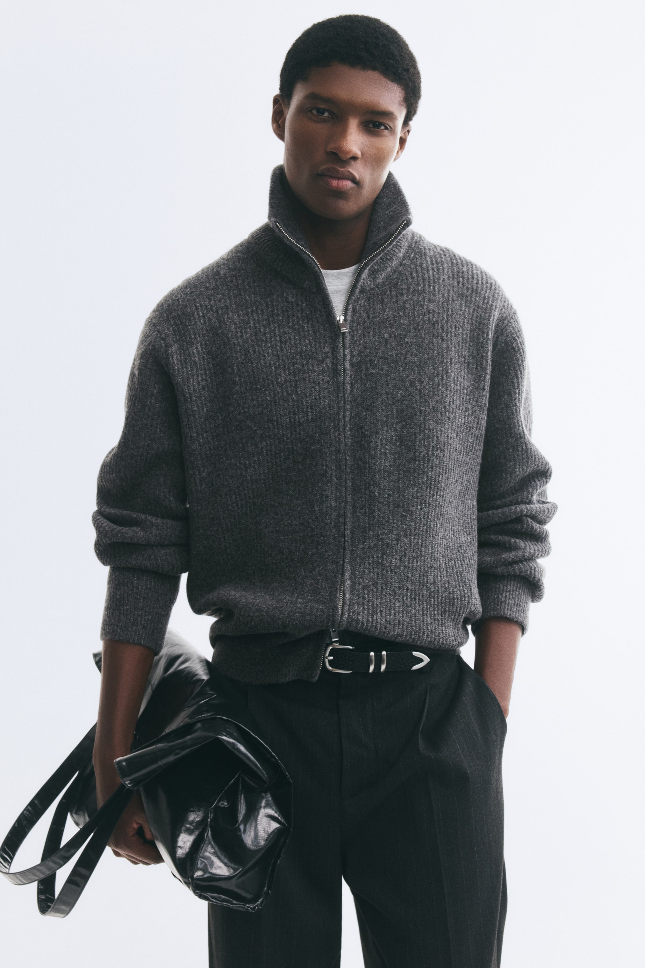 View larger image: Regular Fit Rib-knit zip-though cardigan - Dark grey marl - Men | H&M GB 1