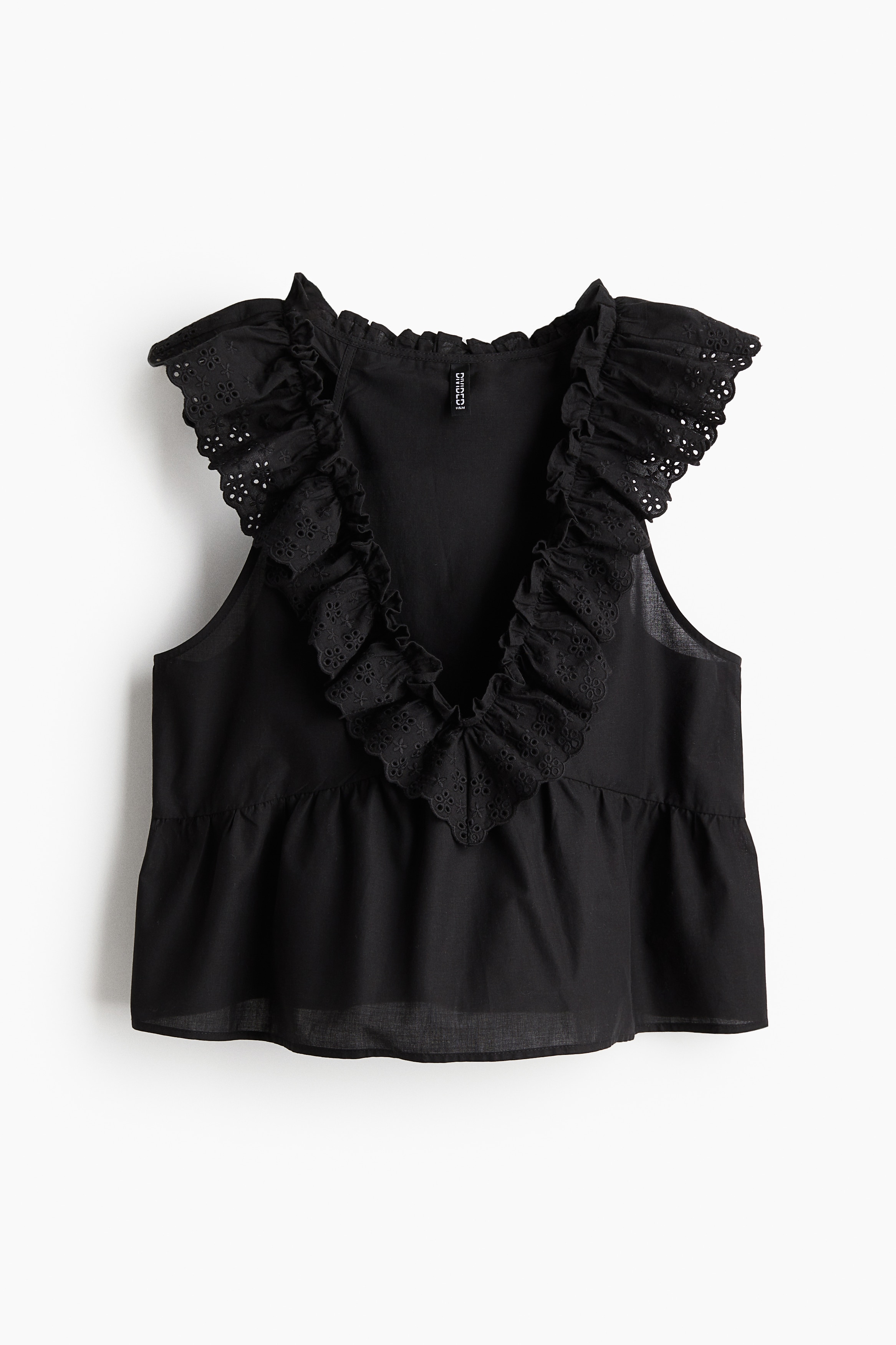 Women's Black Broderie anglaise frill-trimmed top | H&M