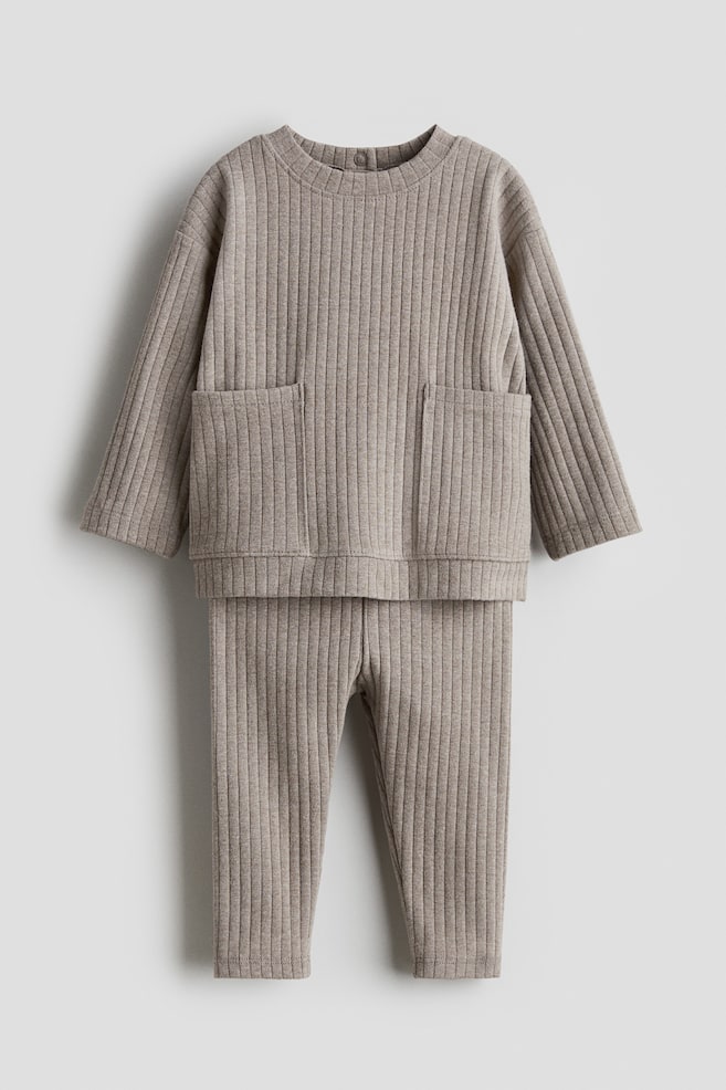 2-Piece Ribbed Cotton Set - Taupe/Light blue/Light beige/Navy blue - 1