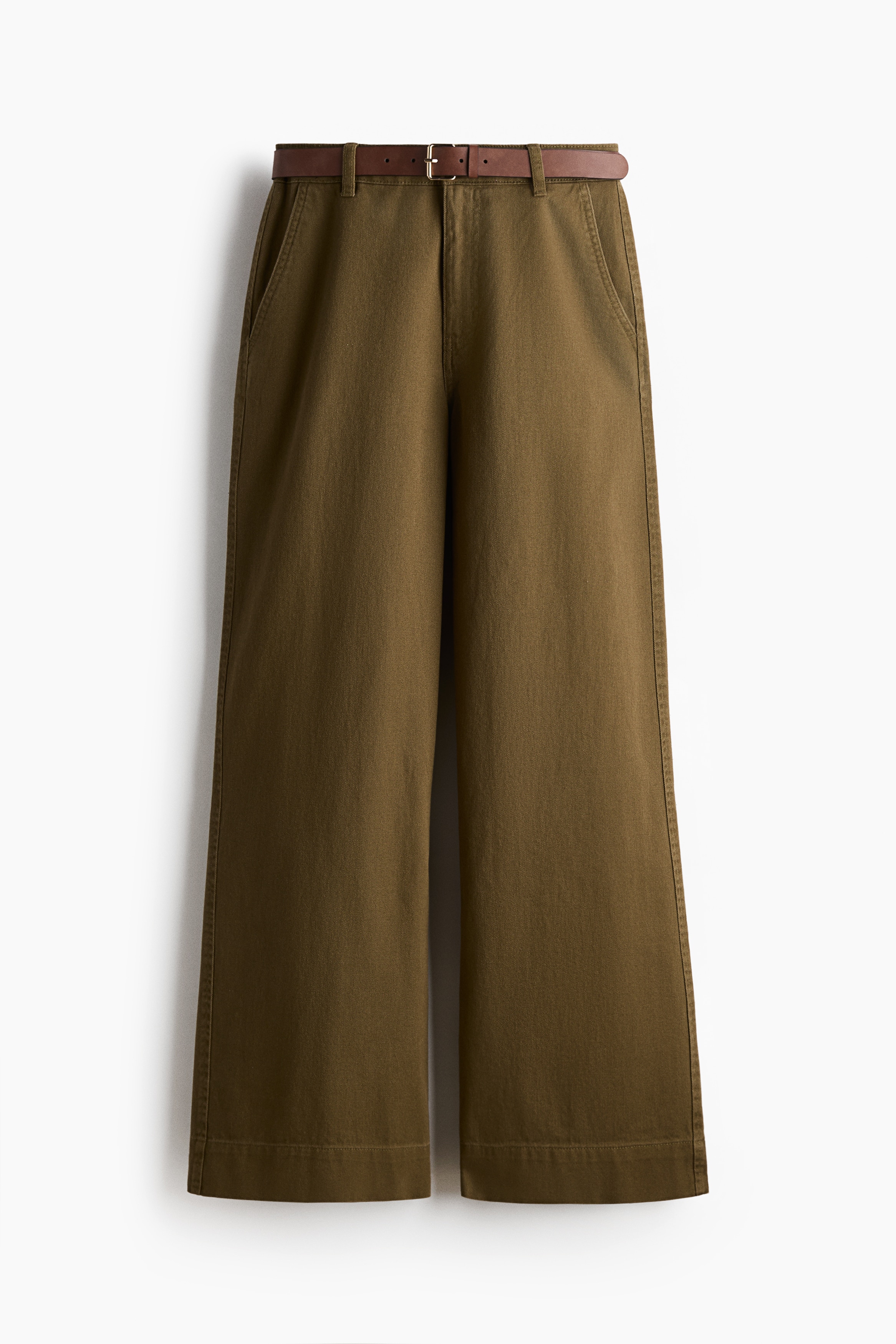 Wide belted twill trousers - Dark khaki green/White/Dark brown