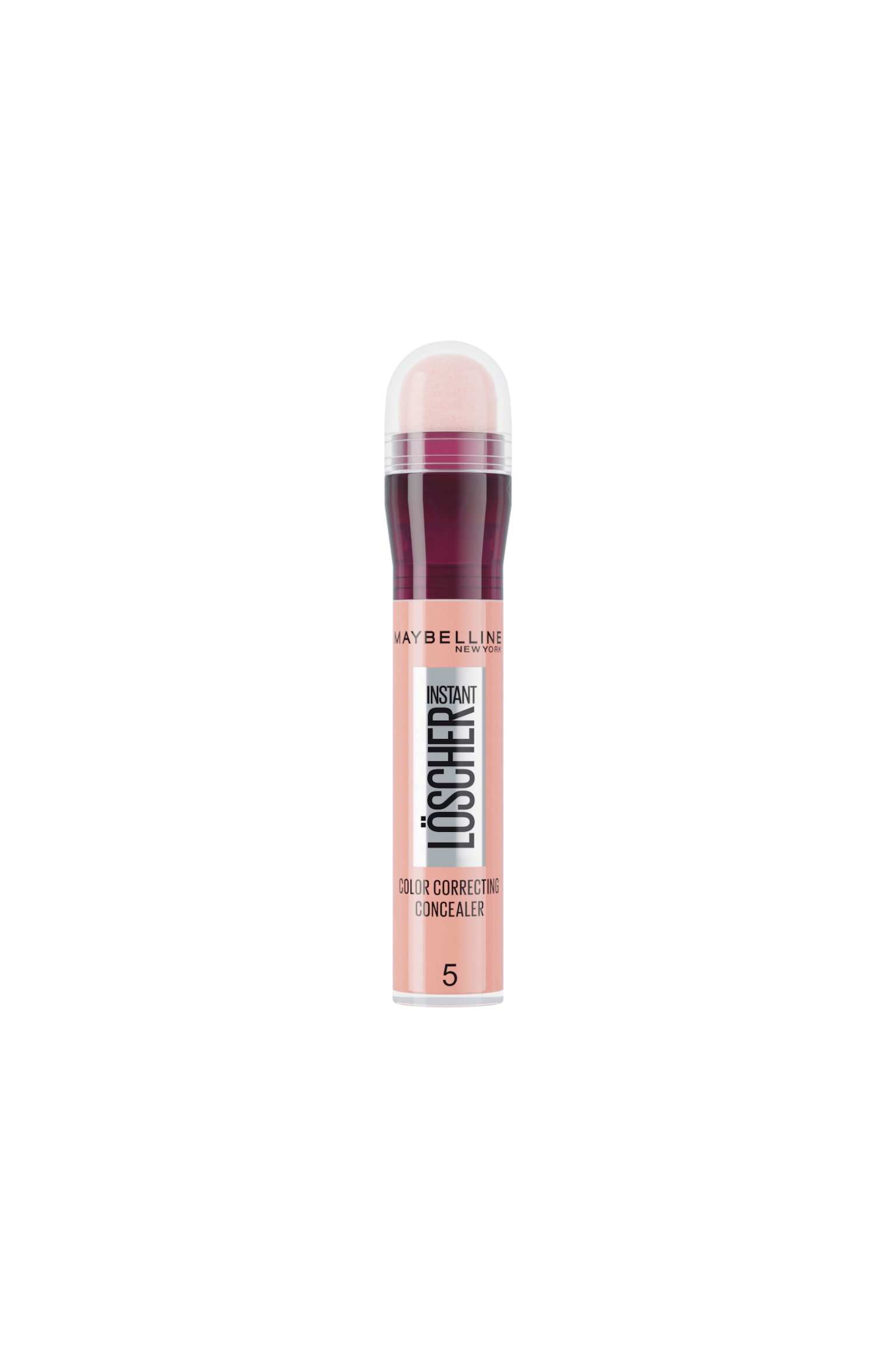 Eine Maybelline Instant Löscher Color Correcting Concealer-Tube steht aufrecht und zeigt ihren hellbeigen unteren Körper mit schwarzer Markenbeschriftung und der Farbnummer fünf. Der obere Bereich verfügt über einen transparenten dunkelvioletten Hals und eine klare, abgerundete Kappe, die eine zartrosa Schwamm-Applikatorspitze bedeckt.
