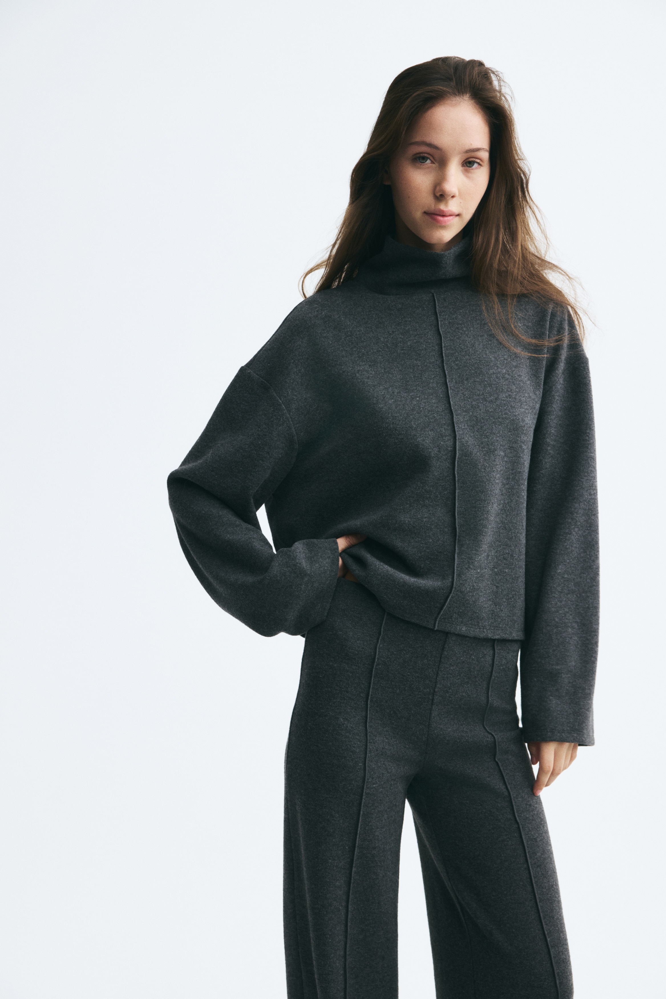Loose-fit turtleneck jumper - Dark grey marl/Burgundy/Cream/Dark rust brown