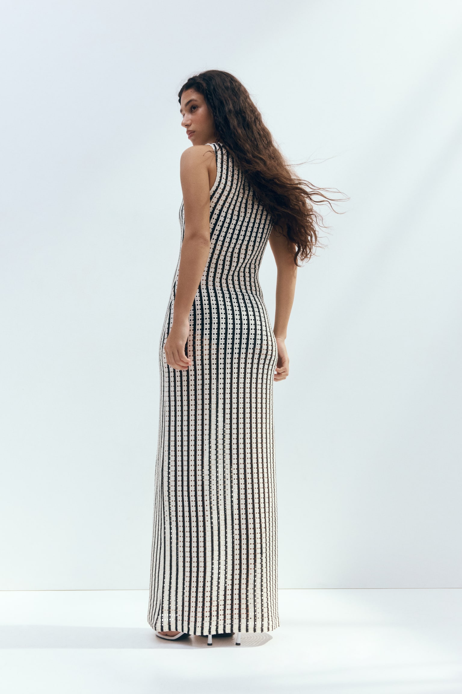 Vestido midi en tejido calado - Negro/Franjas - 3