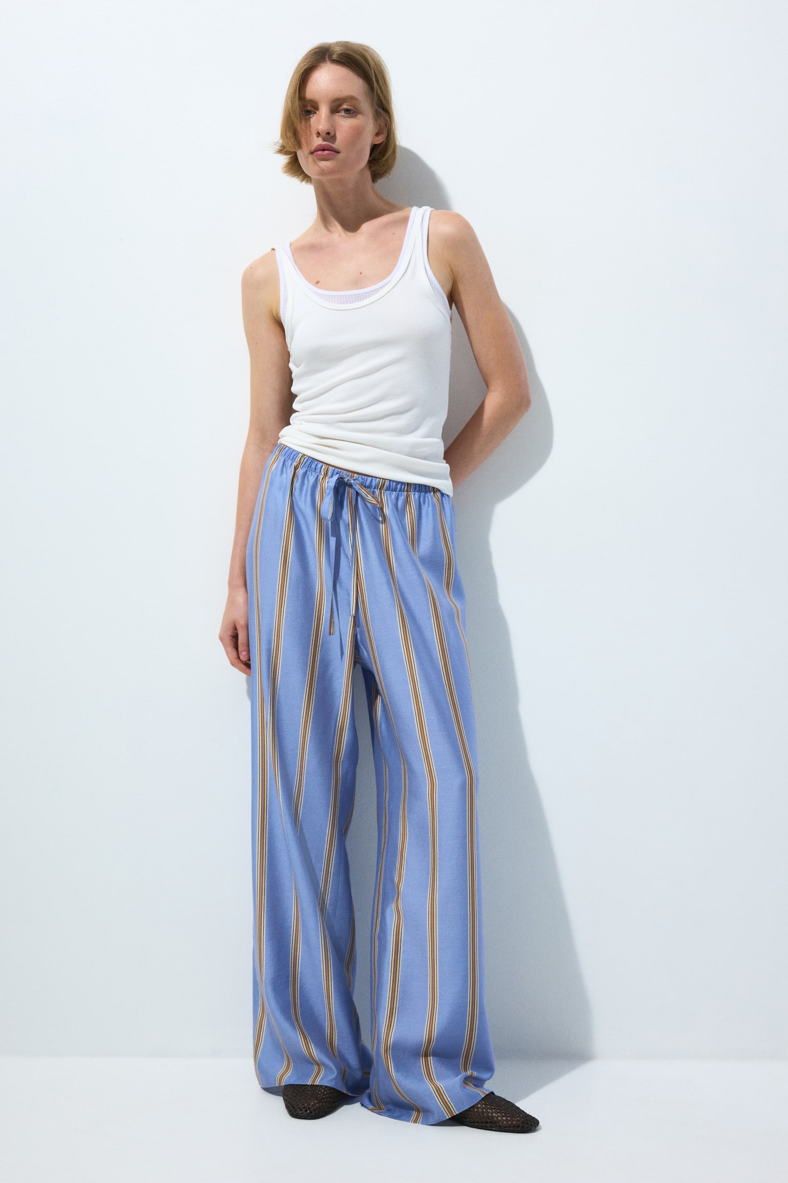 Wide drawstring trousers - Light blue/Striped - 1