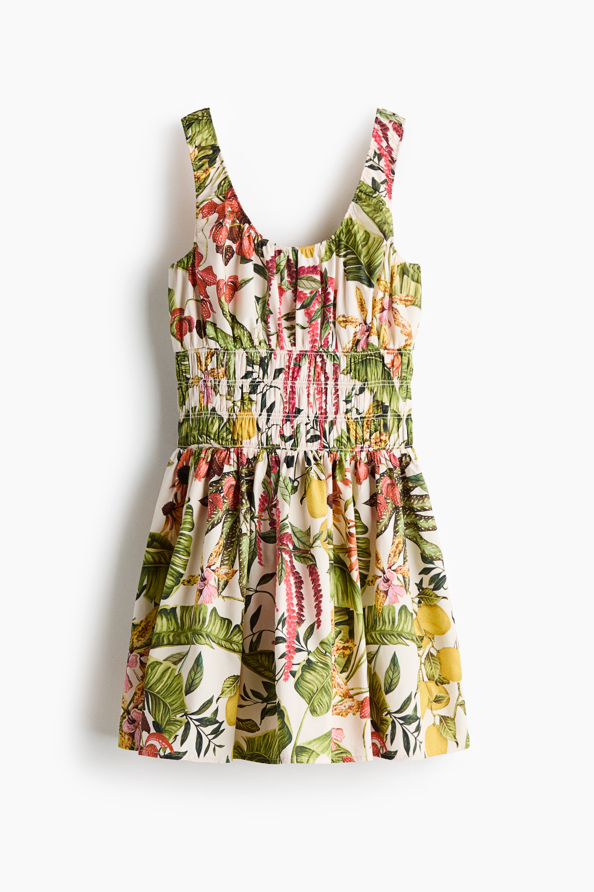 Vestido con punto smock en popelina - Crema/Floreado