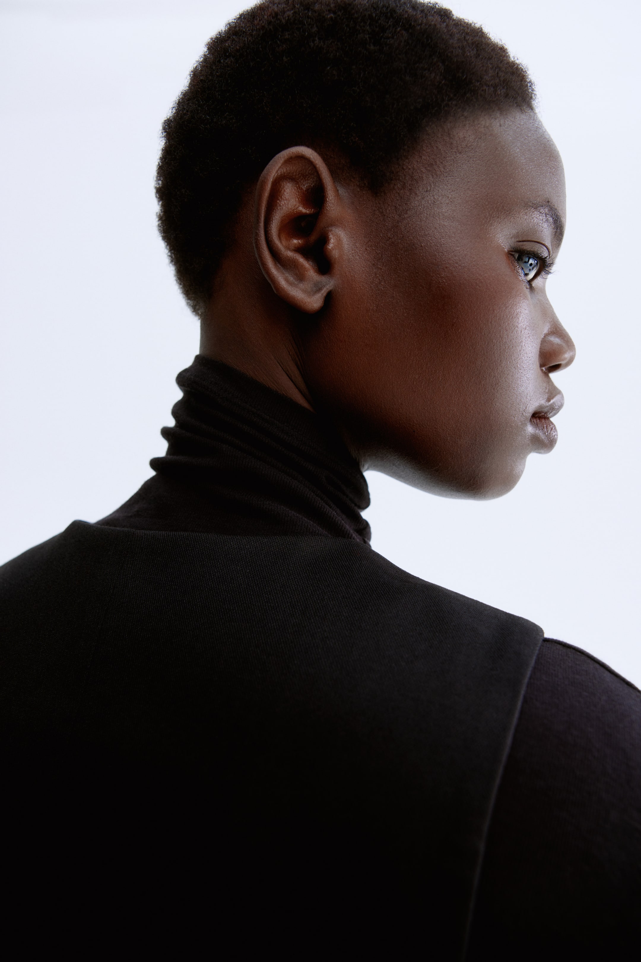 Ampliar la imagen: Un top de cuello alto negro, con un cuello alto de canalé, está siendo usado por la modelo. Un top negro sin mangas está superpuesto sobre el cuello alto.