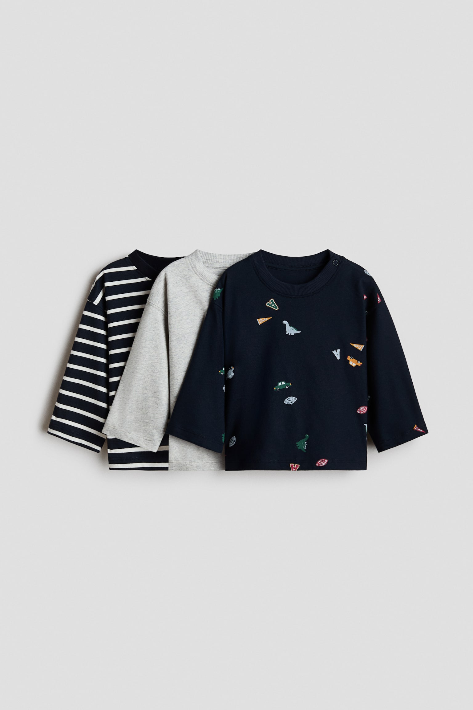 3-pack long-sleeved cotton T-shirts - Navy blue/Dinosaurs/Navy blue/The Cute Crew/Dusty blue/Cars/Dark grey/White