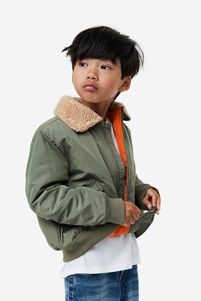 Teddy-collared bomber jacket - Khaki green - 6