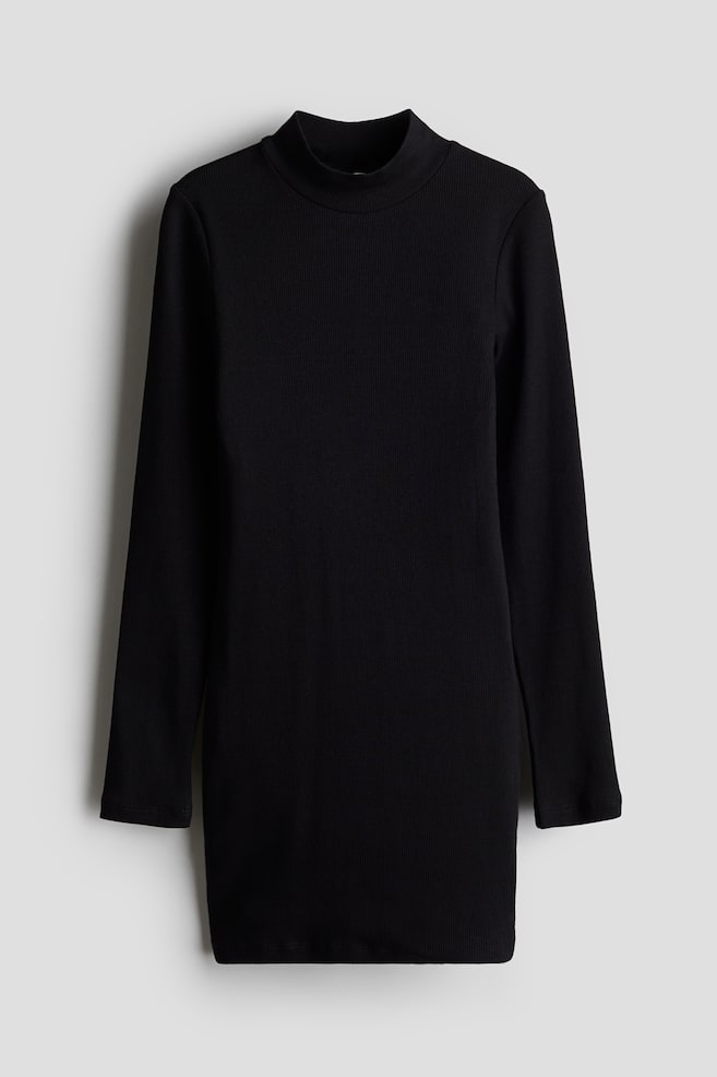 Ribbed turtleneck dress - Black - 1