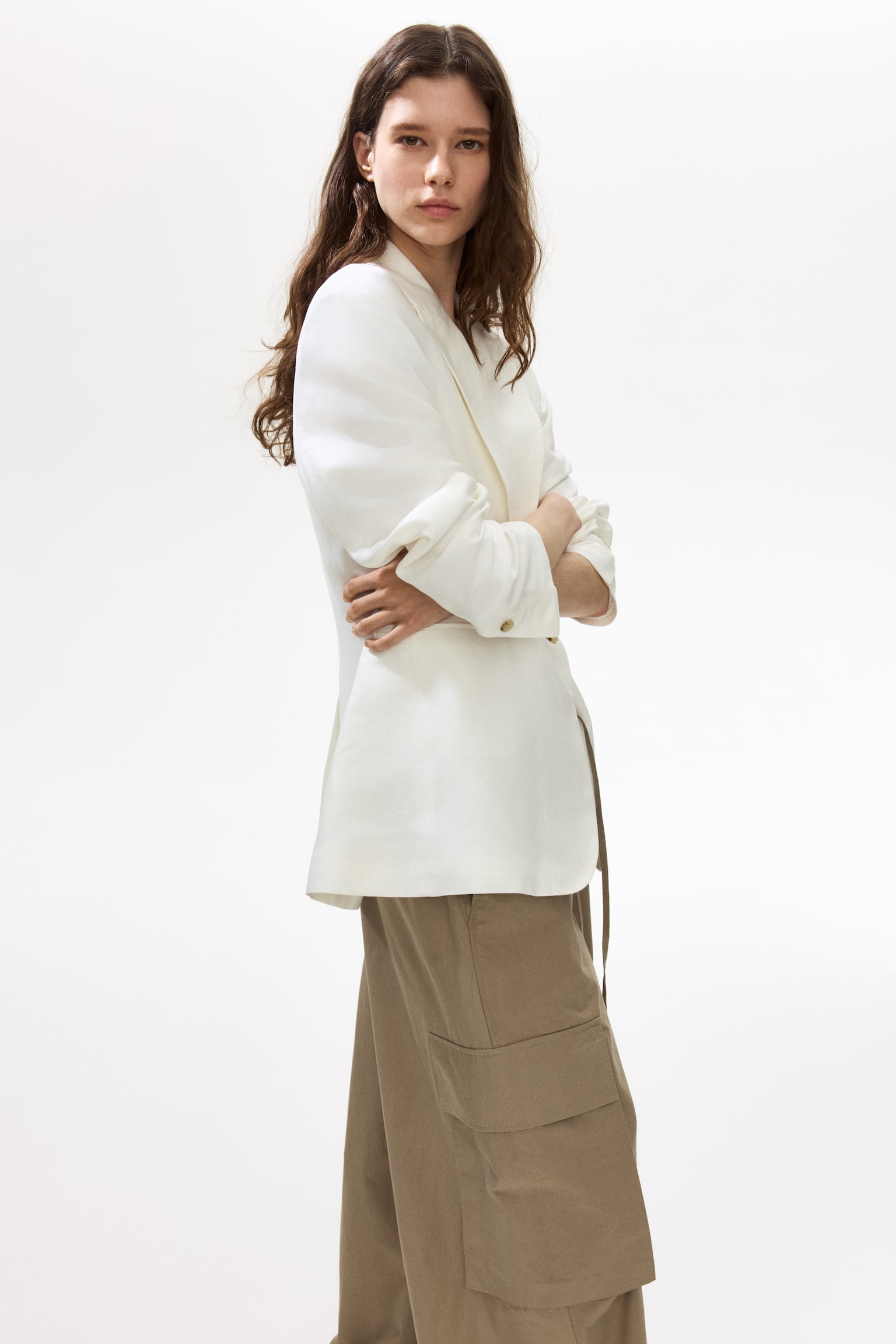 Linen-blend blazer - White/Dark brown/Light beige/Dark khaki green - 6