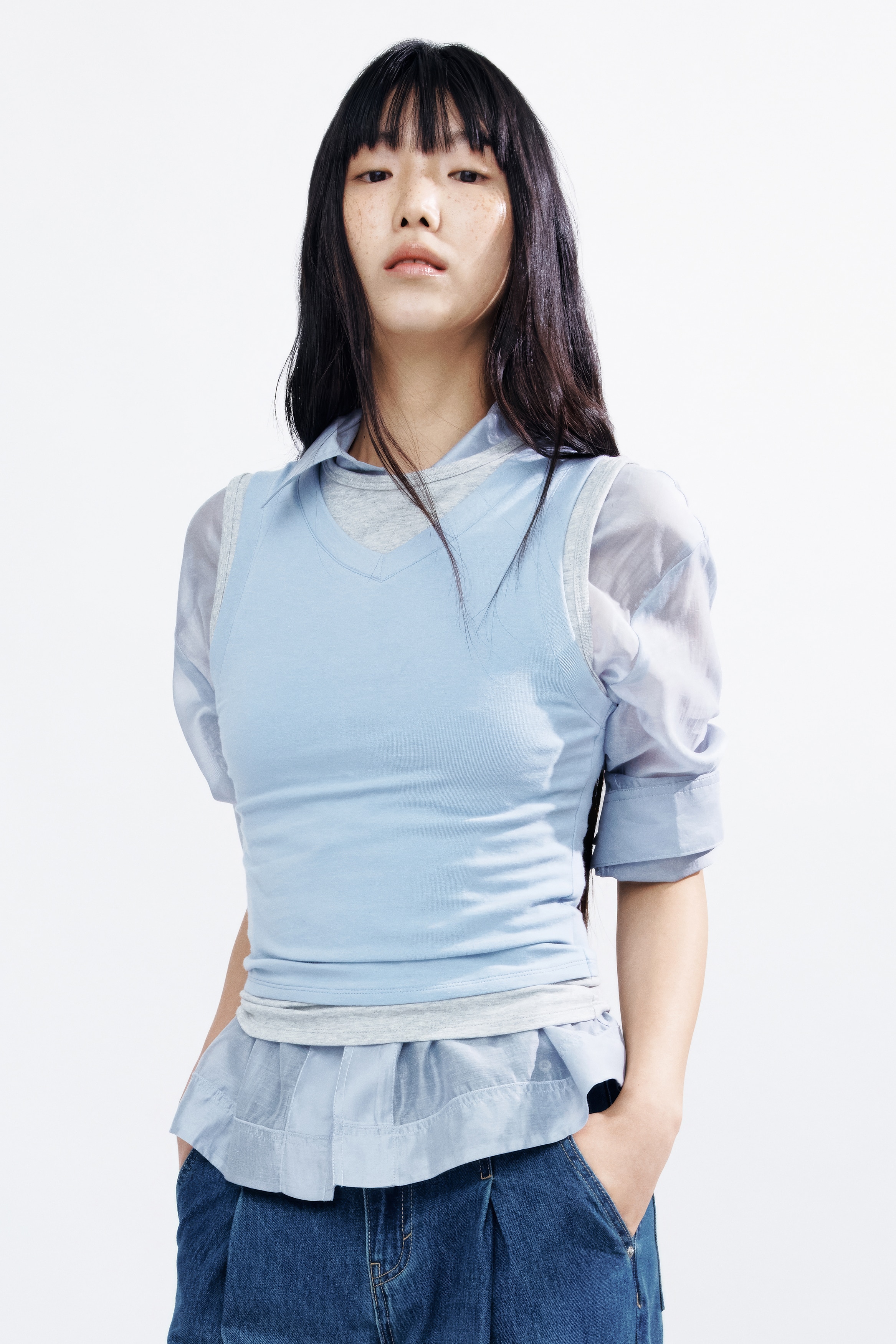 Áo cotton xếp lớp - Xanh dương nhạt/Xám nhạt đốm