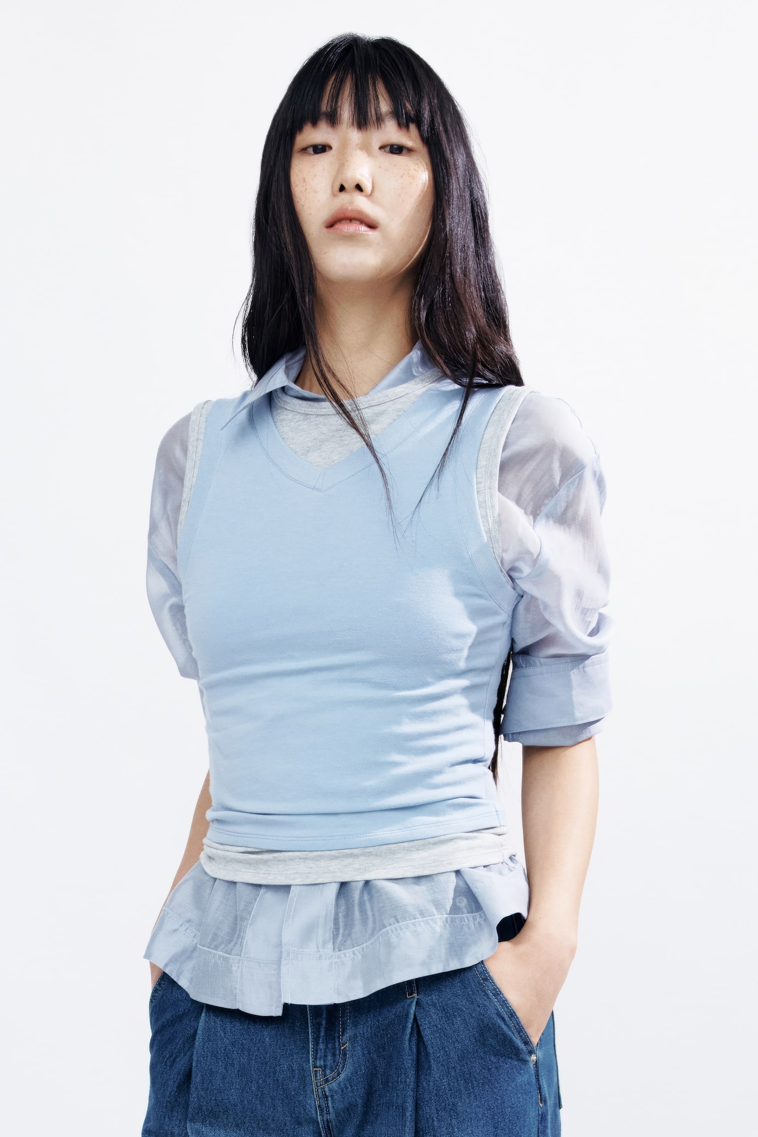 Áo cotton xếp lớp - Xanh dương nhạt/Xám nhạt đốm - 1