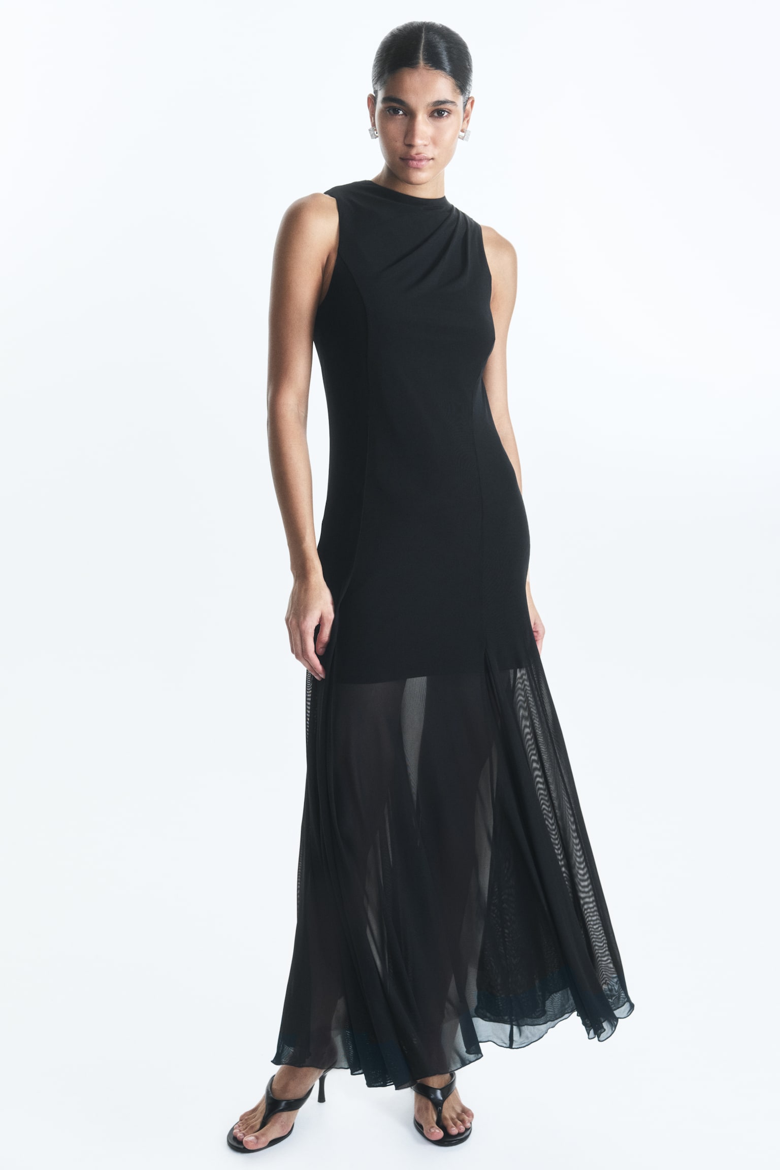 Flared Mesh Dress - Black - 2